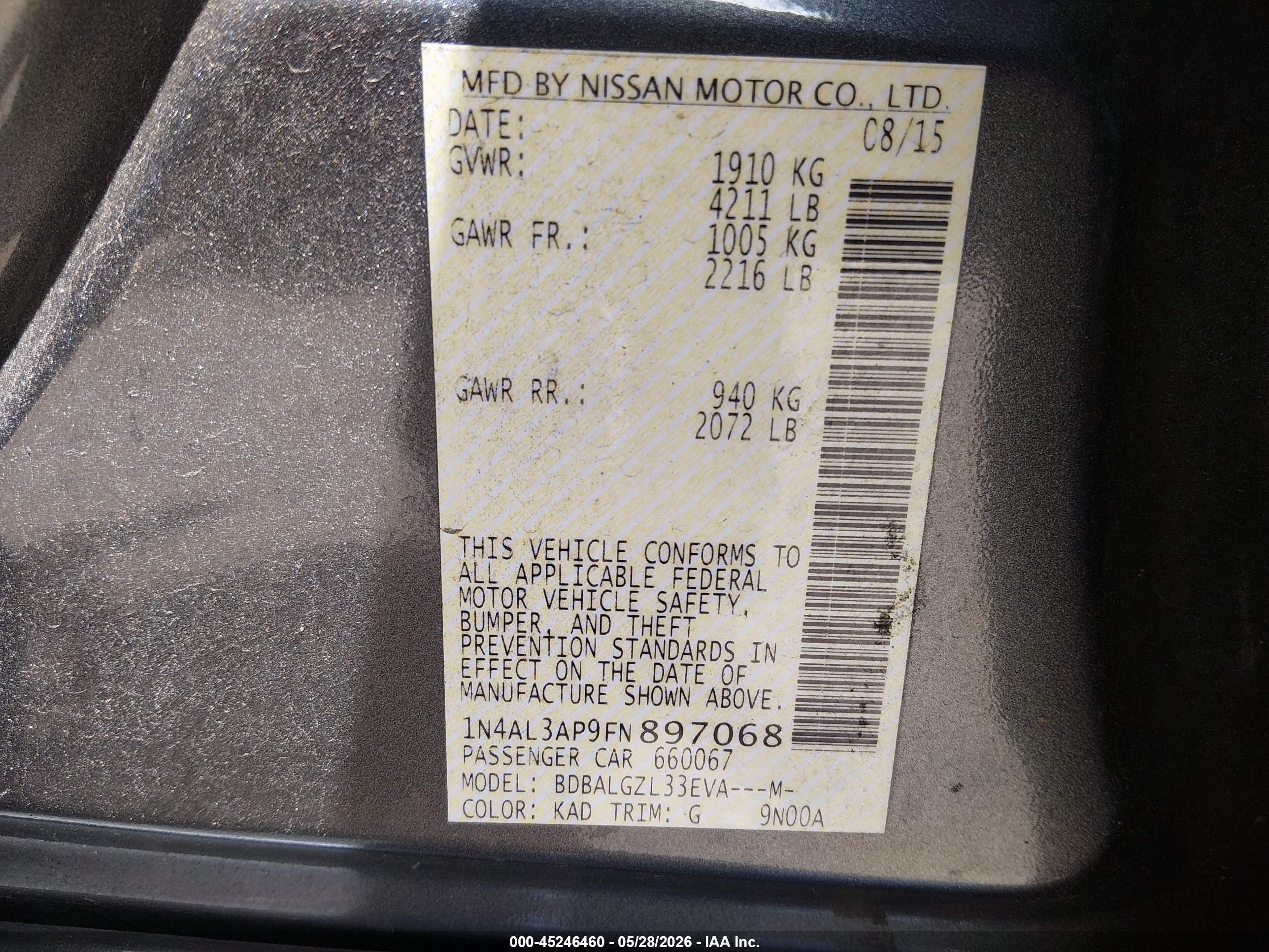 2015 Nissan Altima 2.5 S Gray vin: 1N4AL3AP9FN897068
