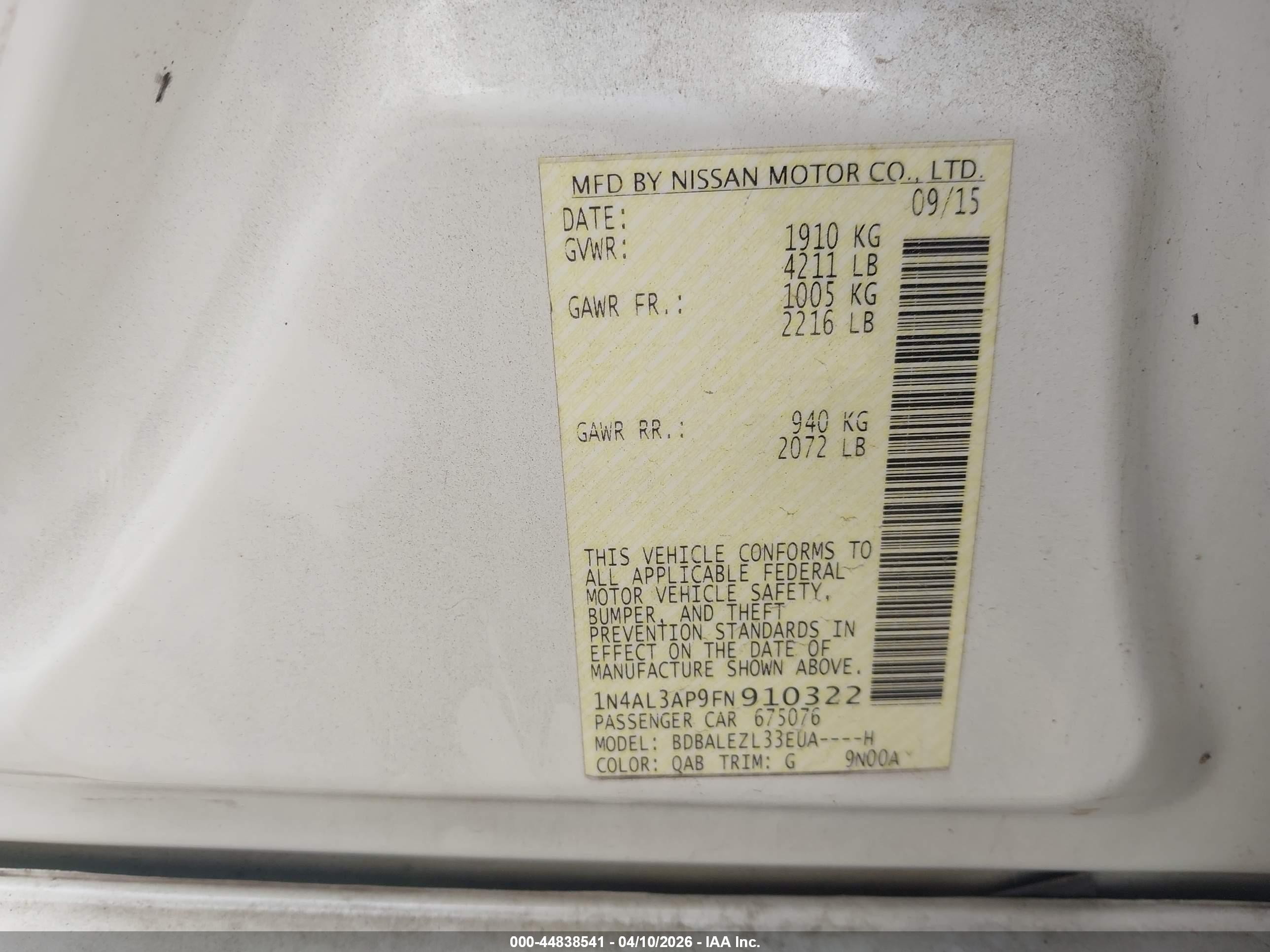 2015 Nissan Altima 2.5 S White vin: 1N4AL3AP9FN910322