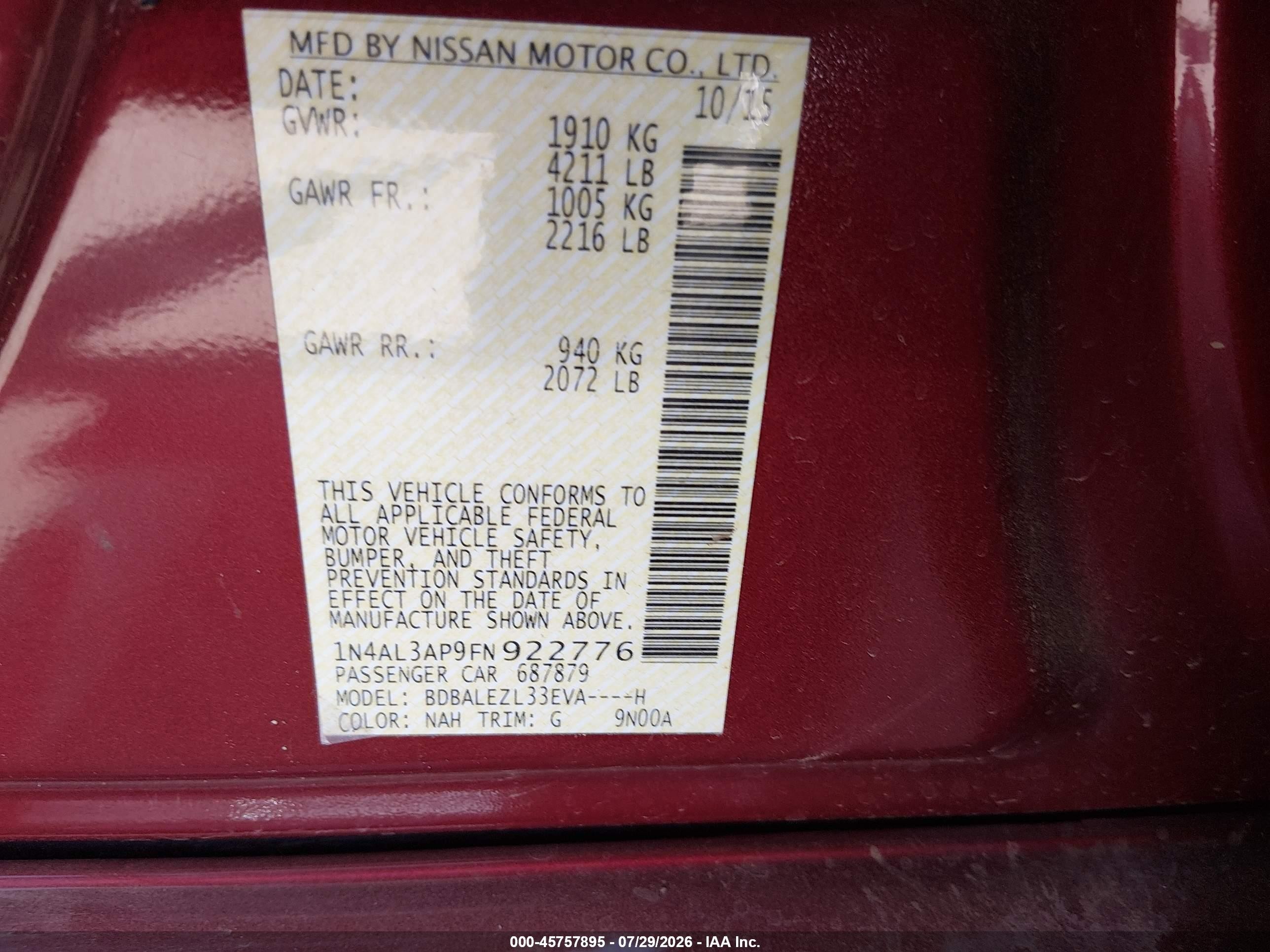 2015 Nissan Altima 2.5 S Red vin: 1N4AL3AP9FN922776