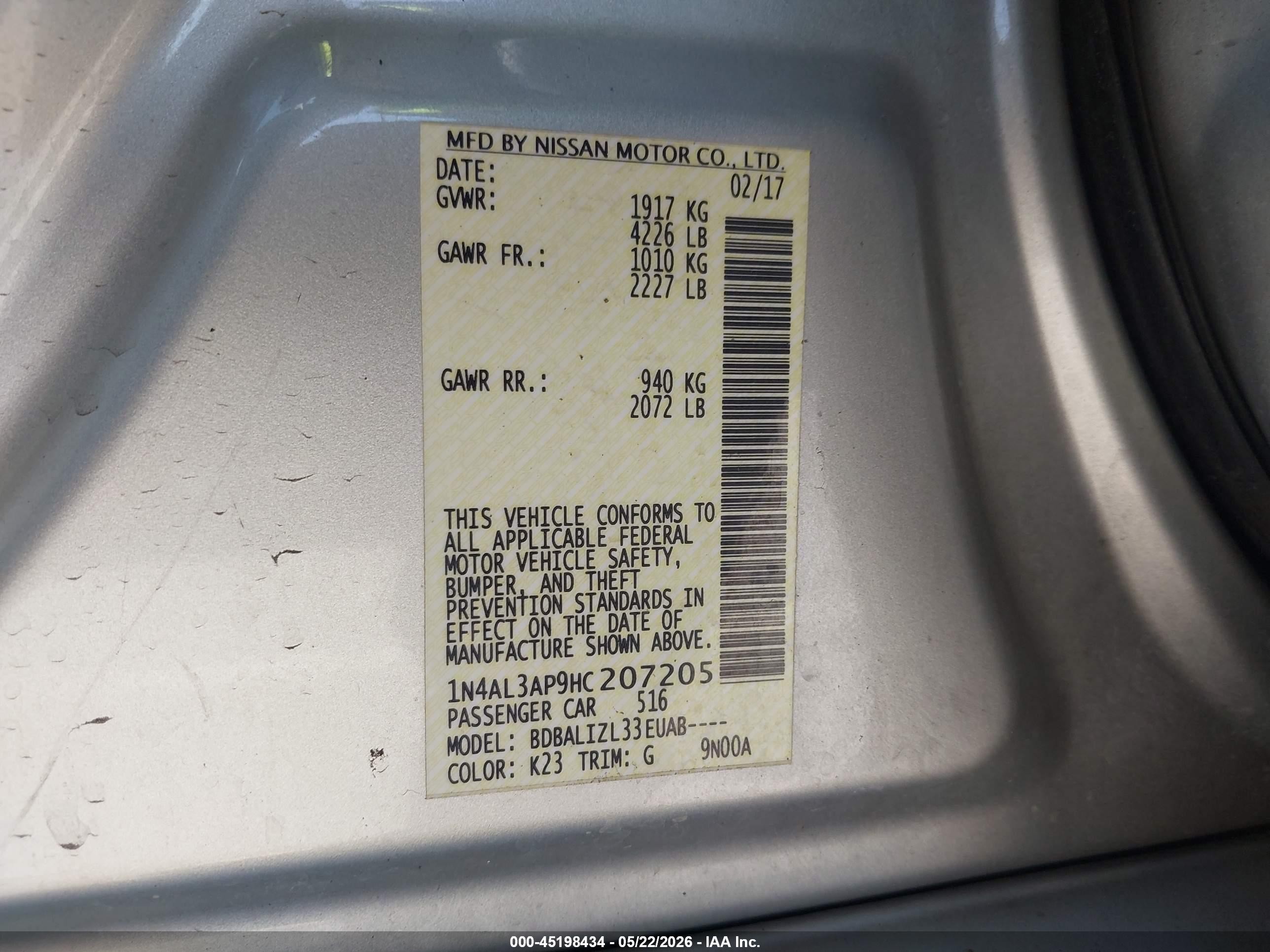 2017 Nissan Altima 2.5 Sv Silver vin: 1N4AL3AP9HC207205