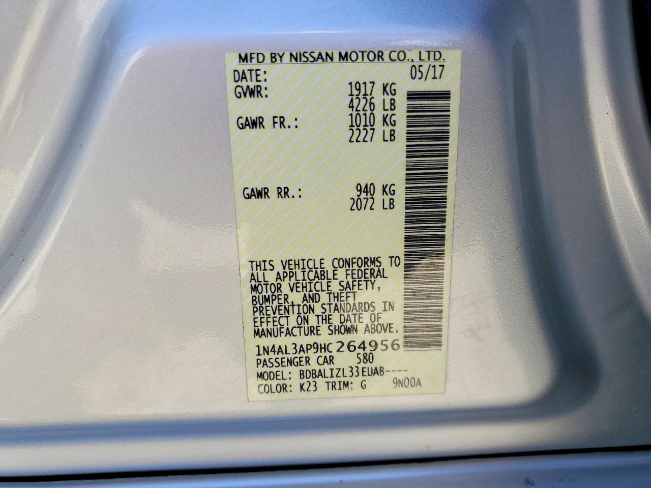 2017 Nissan Altima 2.5 Sv Silver vin: 1N4AL3AP9HC264956