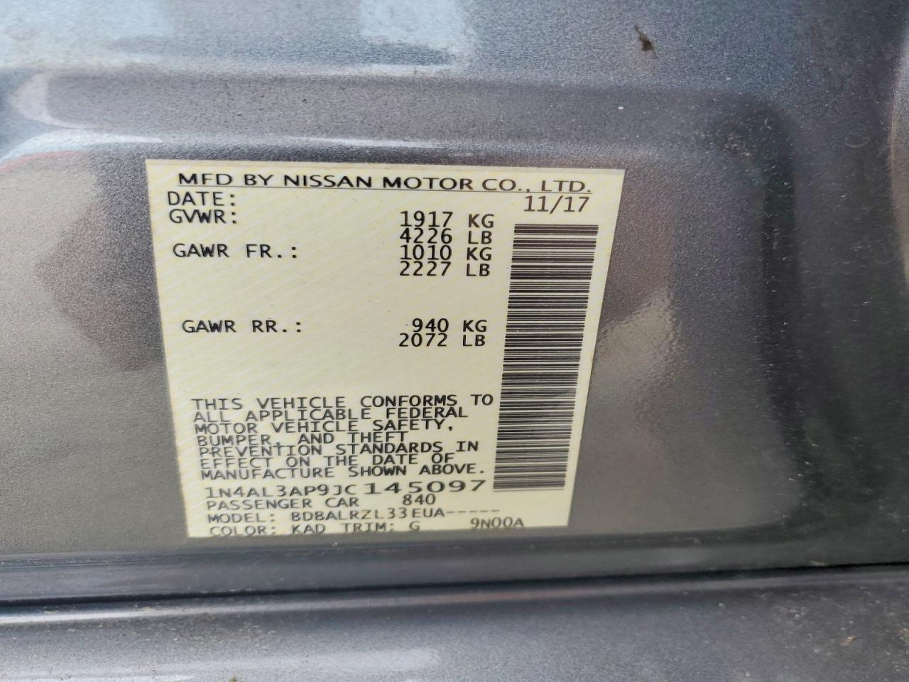 2018 Nissan Altima 2.5 Sl Gray vin: 1N4AL3AP9JC145097