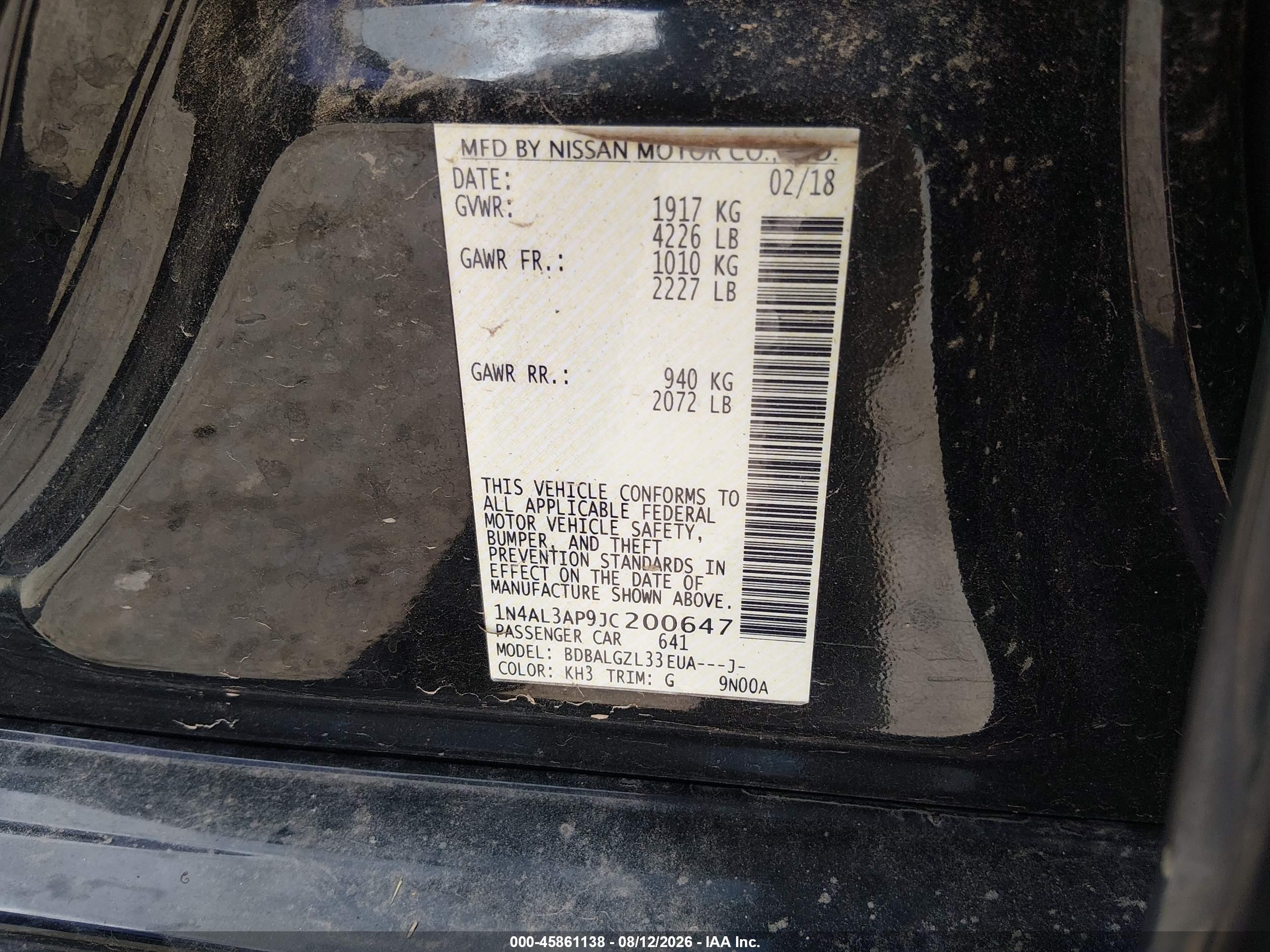 2018 Nissan Altima 2.5 S Черный vin: 1N4AL3AP9JC200647
