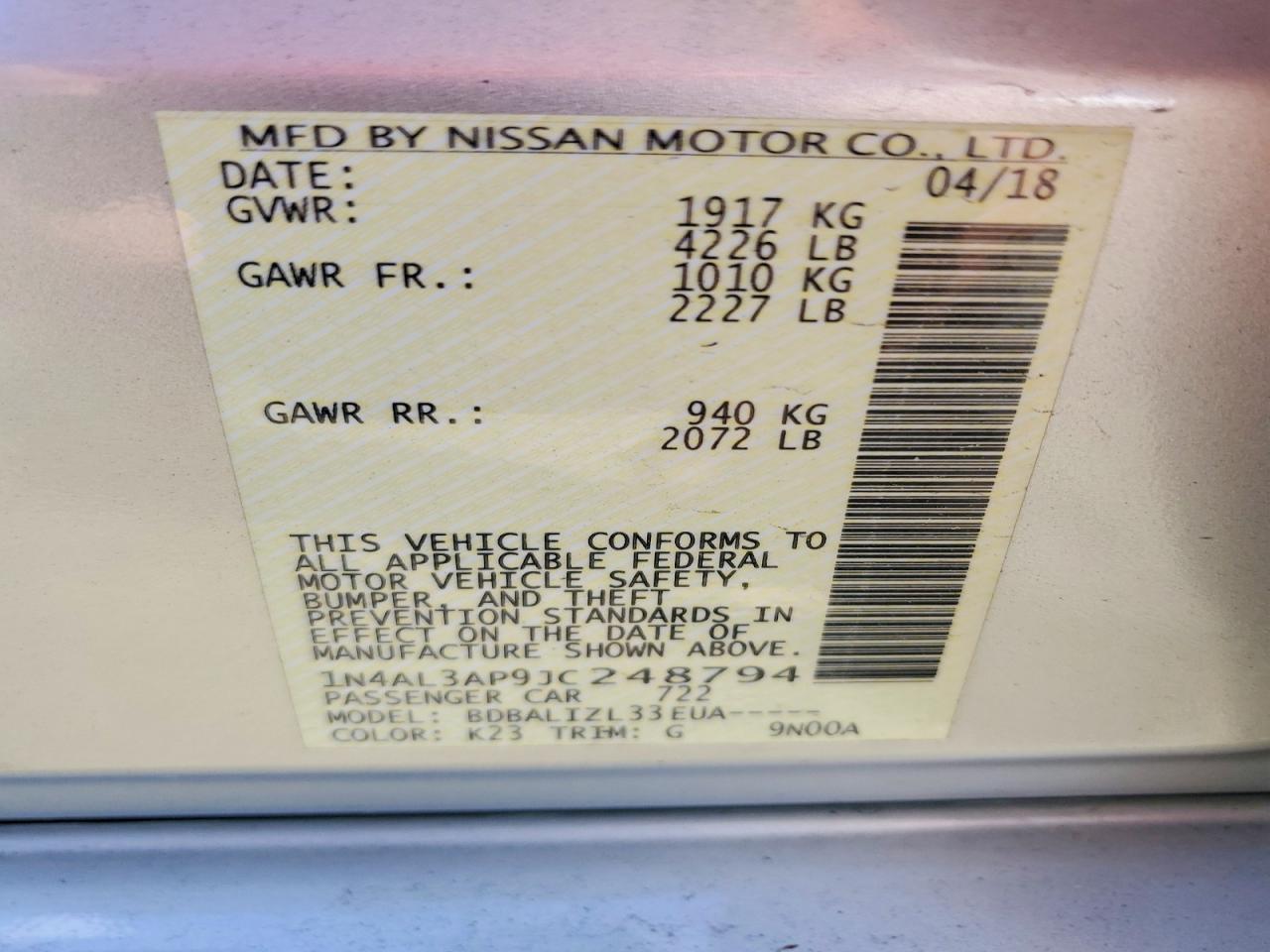 2018 Nissan Altima 2.5 Sv Silver vin: 1N4AL3AP9JC248794