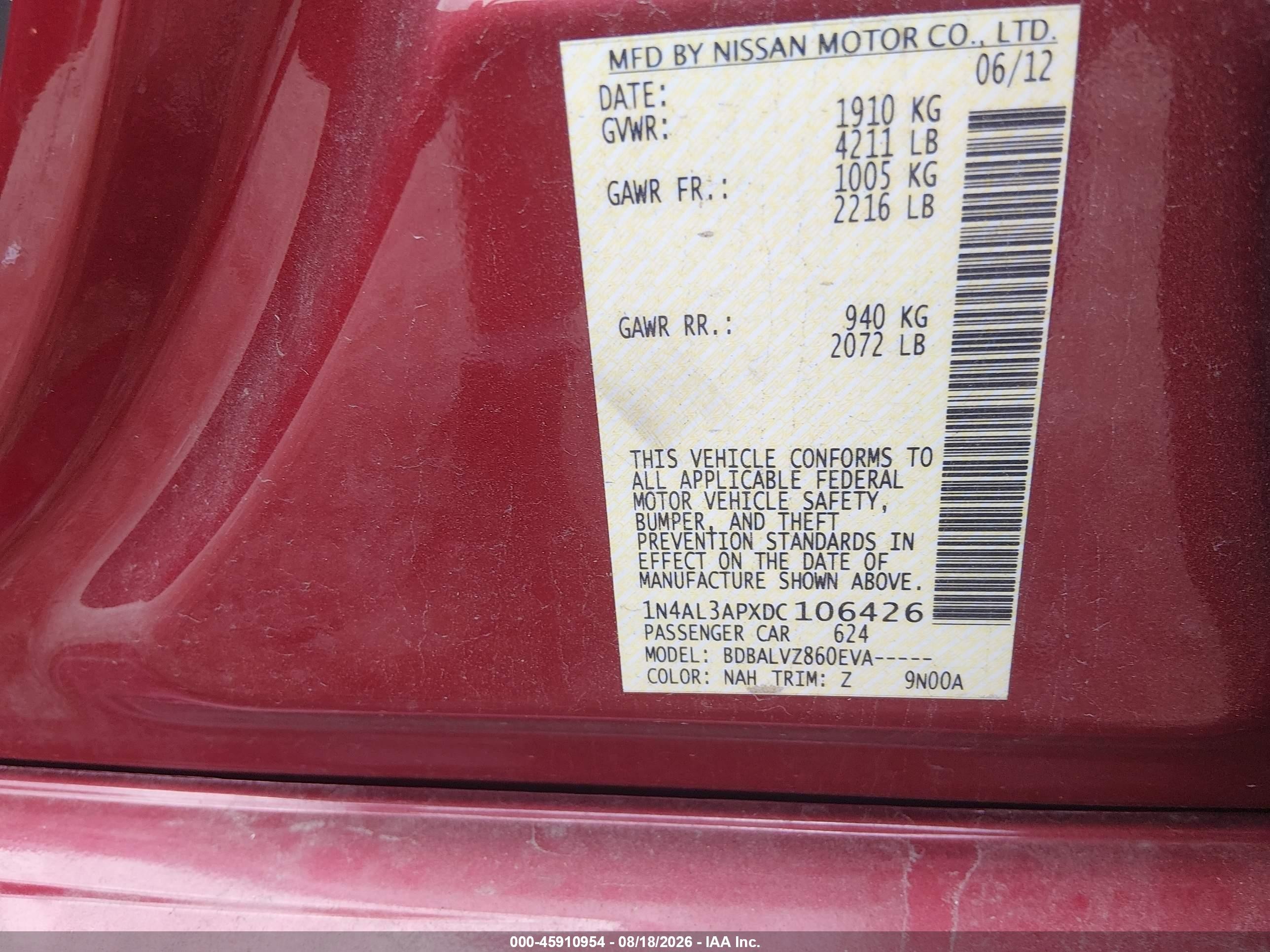 2013 Nissan Altima 2.5 Sl Red vin: 1N4AL3APXDC106426