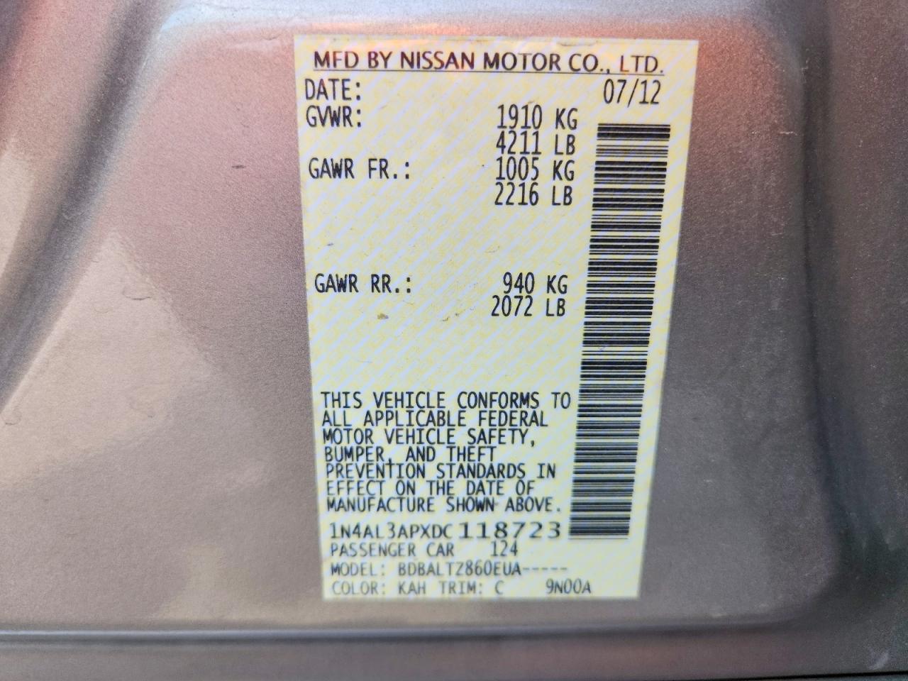 2013 Nissan Altima 2.5 Gold vin: 1N4AL3APXDC118723