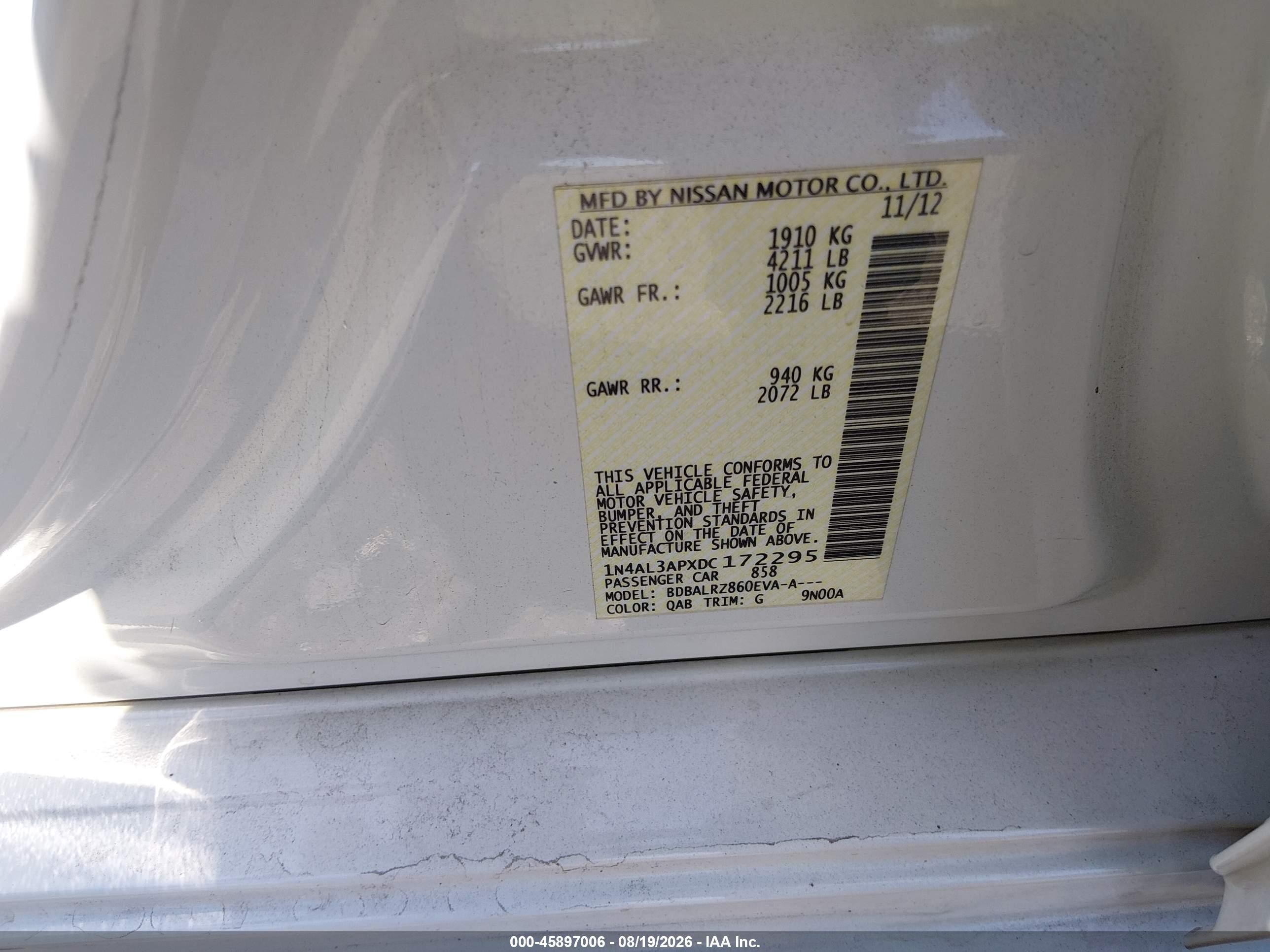 2013 Nissan Altima 2.5 S White vin: 1N4AL3APXDC172295