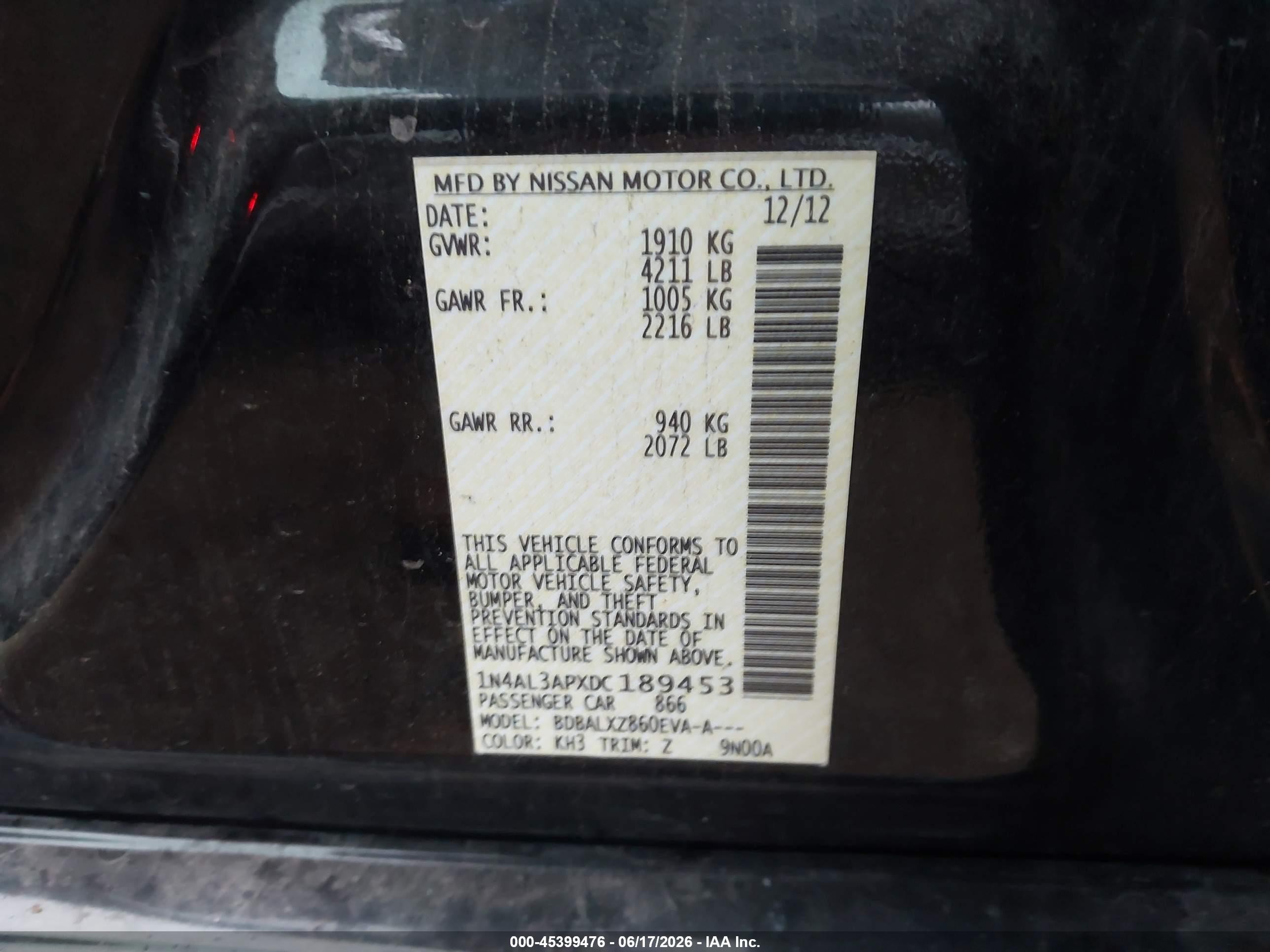 2013 Nissan Altima 2.5 Sl Black vin: 1N4AL3APXDC189453