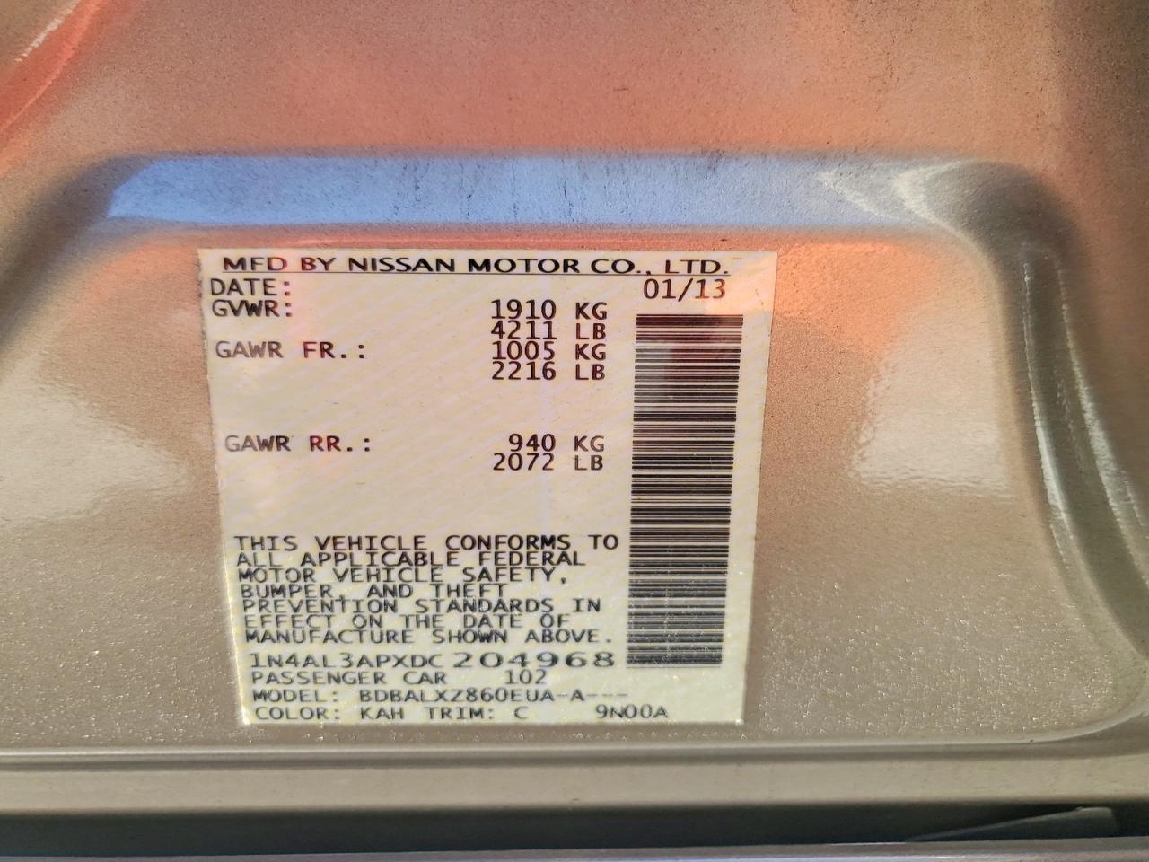 2013 Nissan Altima 2.5 Gold vin: 1N4AL3APXDC204968