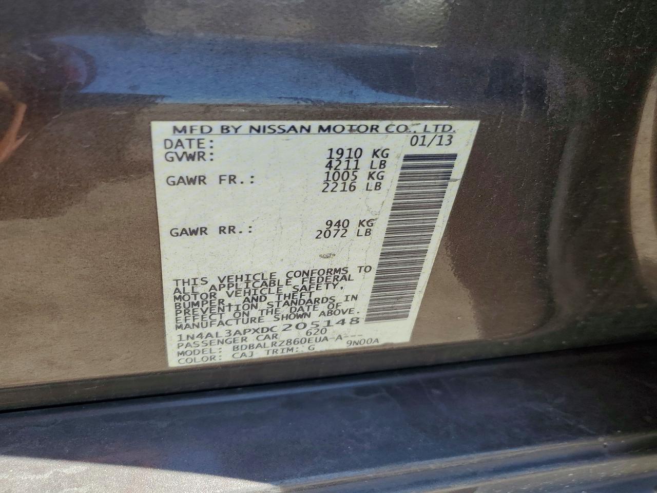 2013 Nissan Altima 2.5 Угольный vin: 1N4AL3APXDC205148