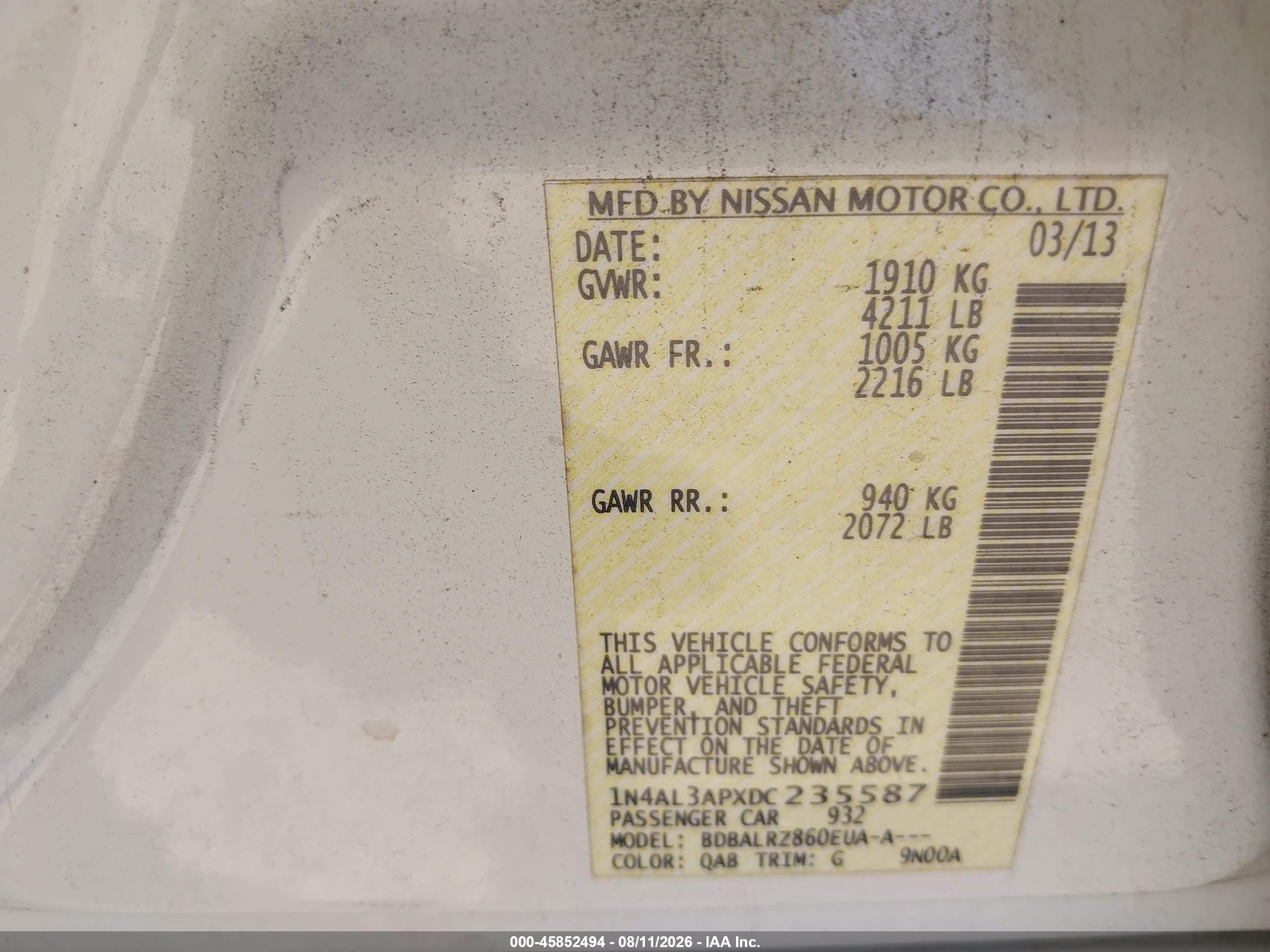 2013 Nissan Altima 2.5 S Белый vin: 1N4AL3APXDC235587