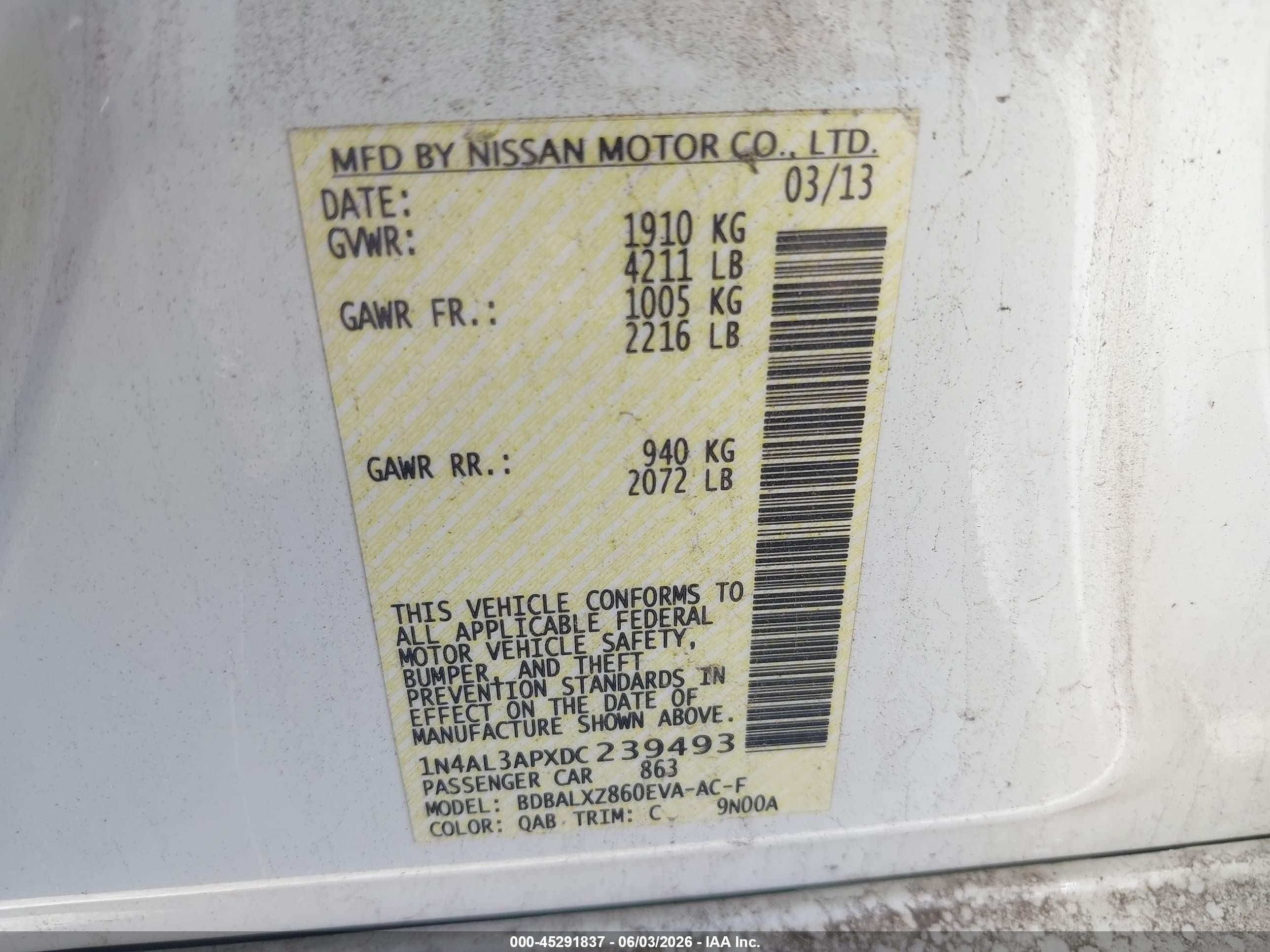 2013 Nissan Altima 2.5 Sl White vin: 1N4AL3APXDC239493