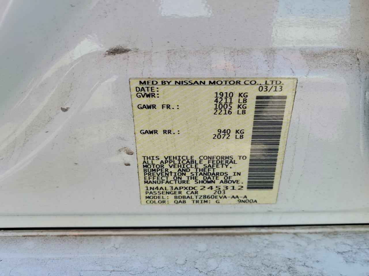 2013 Nissan Altima 2.5/s/sv/sl White vin: 1N4AL3APXDC245312