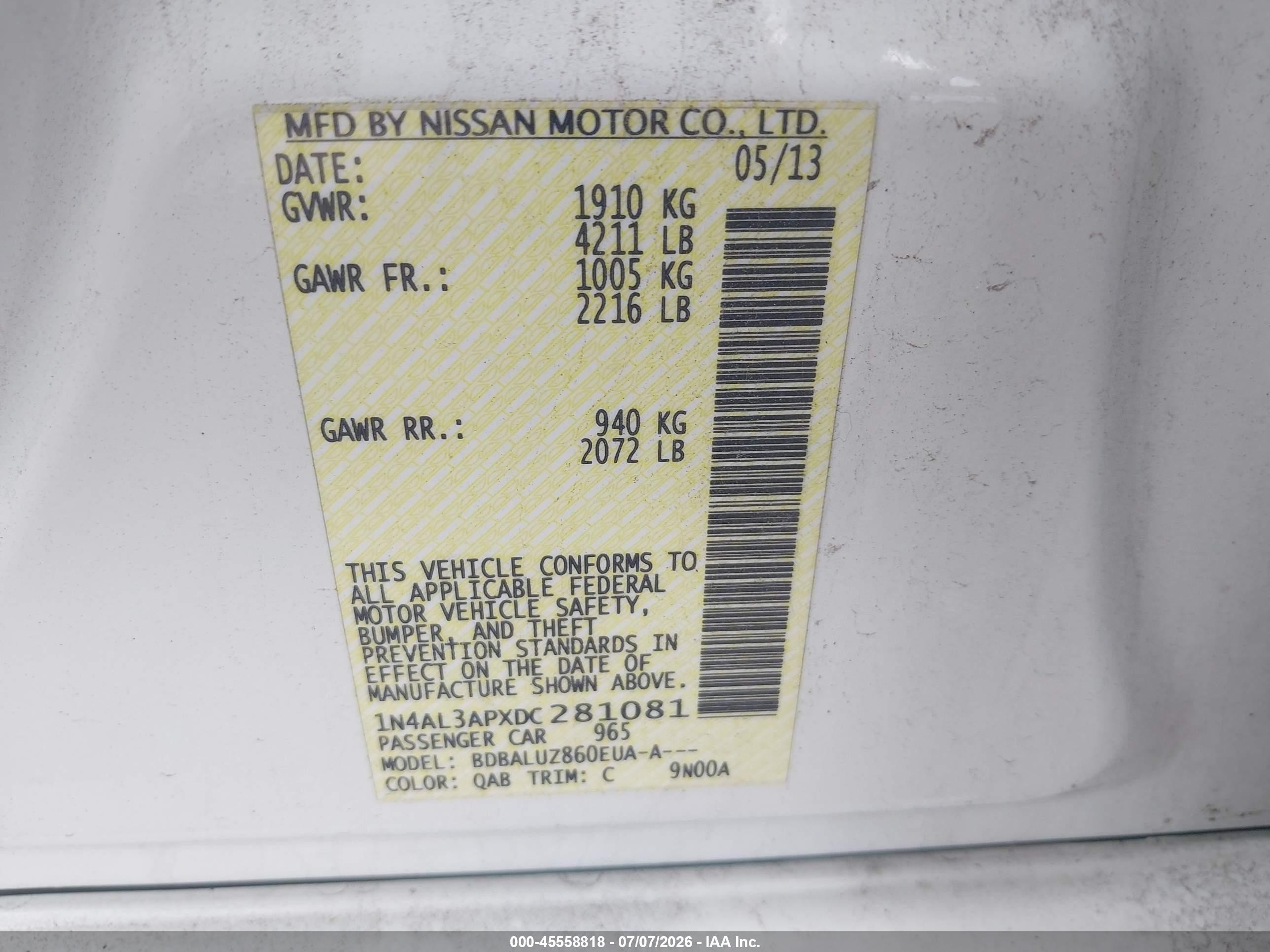2013 Nissan Altima 2.5 Sv White vin: 1N4AL3APXDC281081