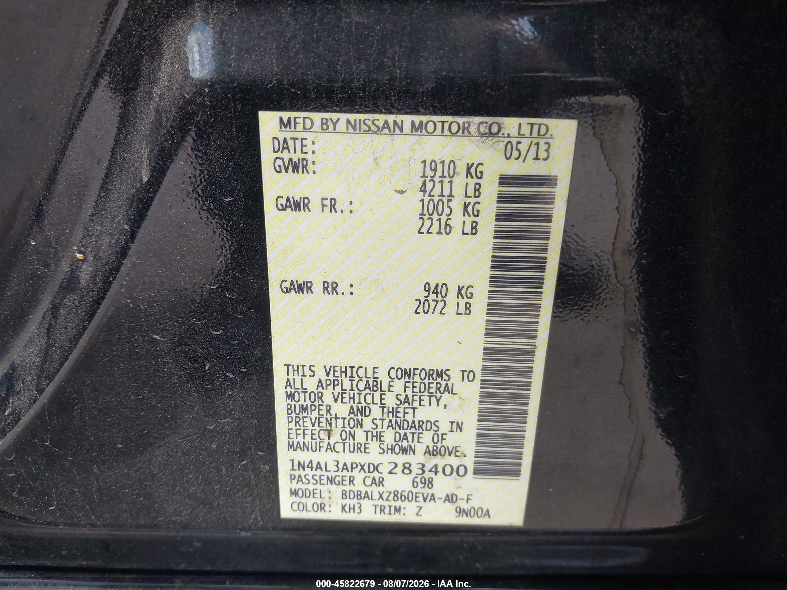 2013 Nissan Altima 2.5 Sl Black vin: 1N4AL3APXDC283400