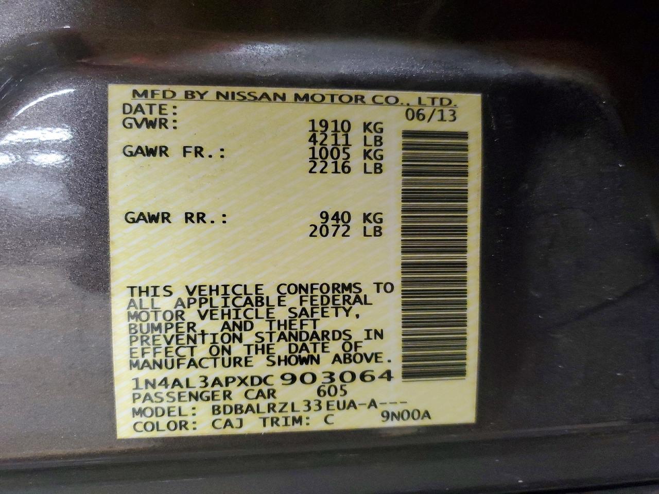2013 Nissan Altima 2.5 Charcoal vin: 1N4AL3APXDC903064