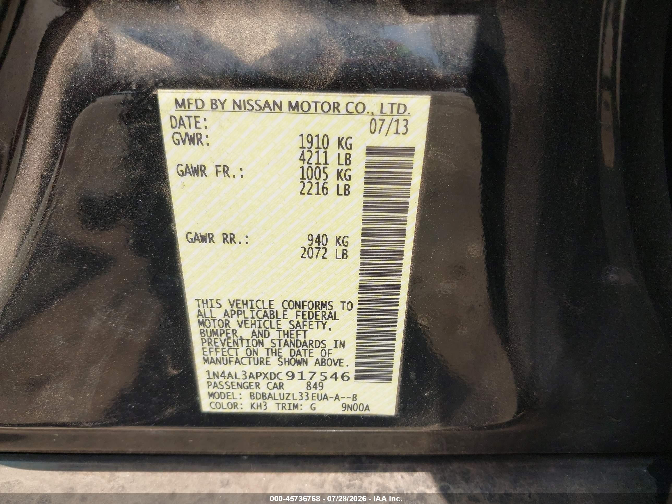 2013 Nissan Altima 2.5 Sv Black vin: 1N4AL3APXDC917546