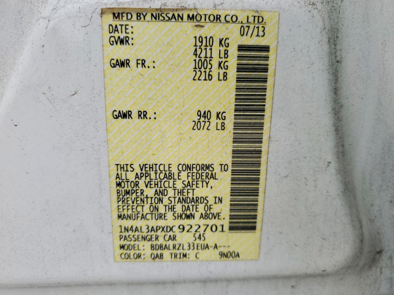 2013 Nissan Altima 2.5/s/sv/sl White vin: 1N4AL3APXDC922701