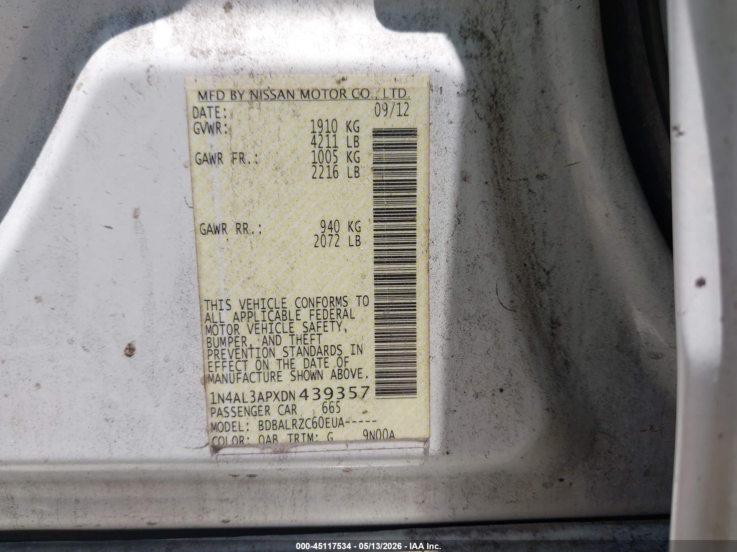 2013 Nissan Altima 2.5 S White vin: 1N4AL3APXDN439357