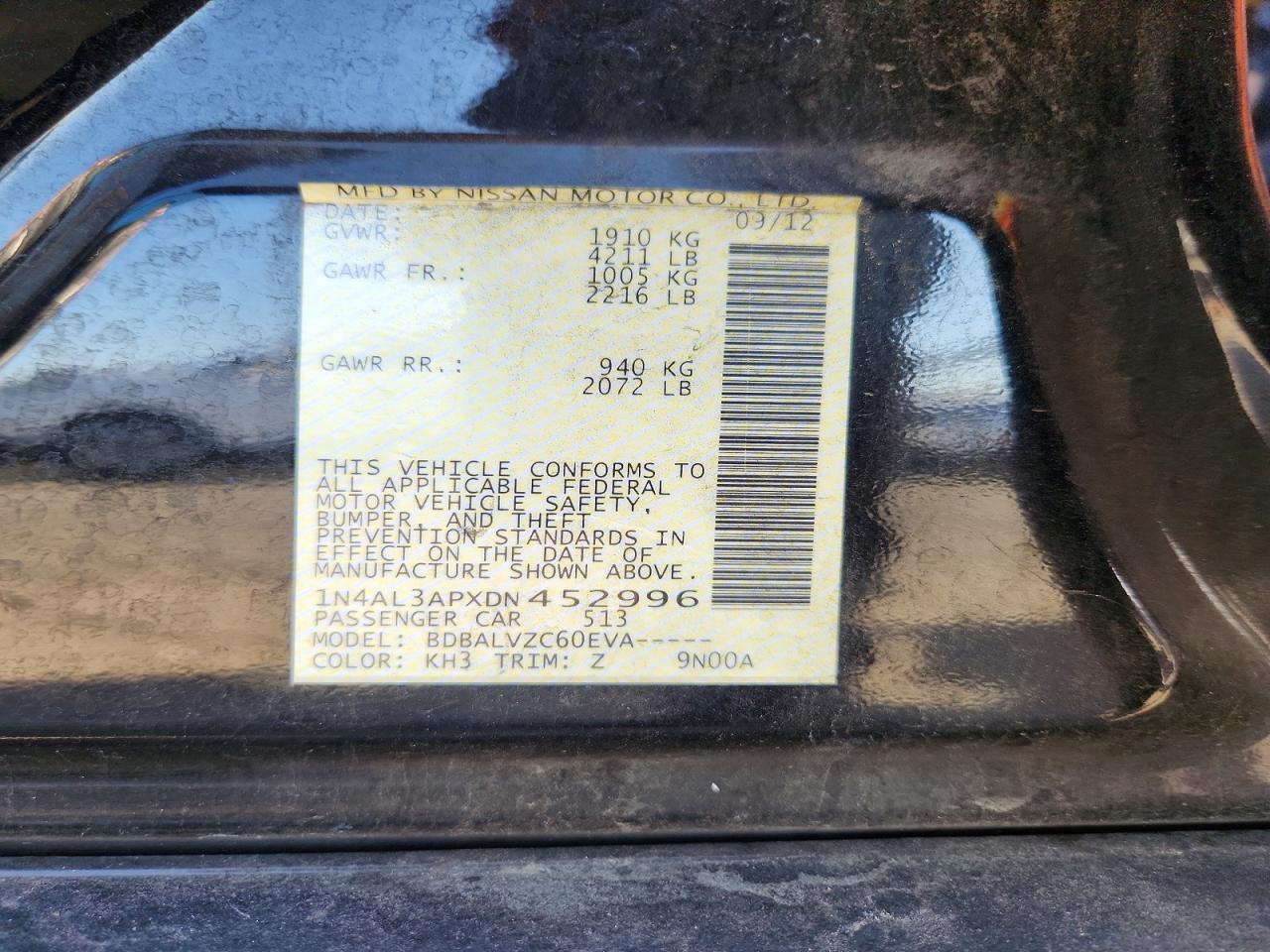 2013 Nissan Altima 2.5 Black vin: 1N4AL3APXDN452996