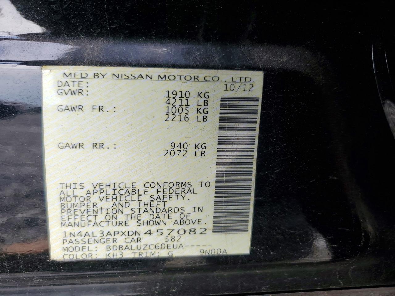 2013 Nissan Altima 2.5 Black vin: 1N4AL3APXDN457082