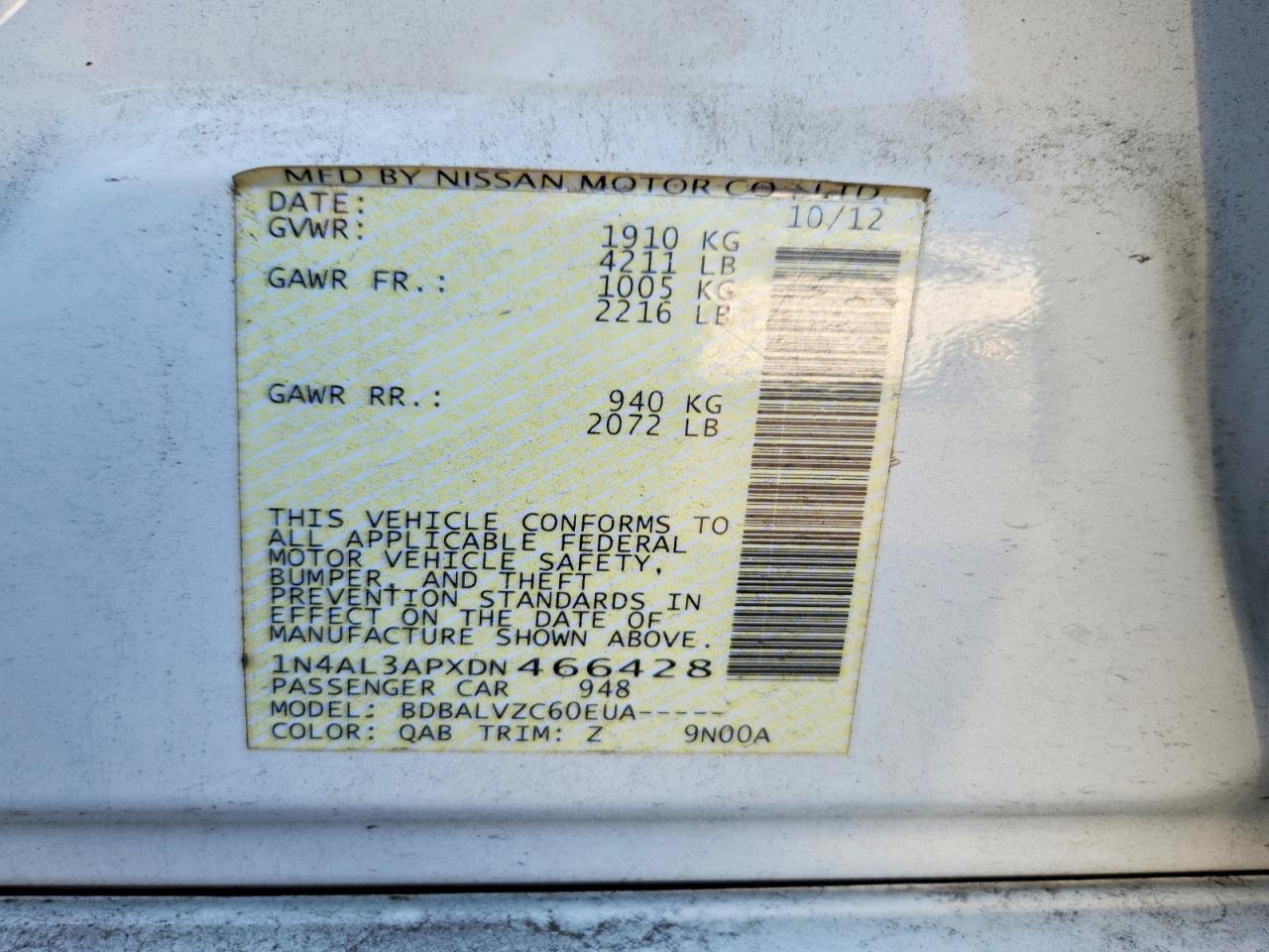 2013 Nissan Altima 2.5 White vin: 1N4AL3APXDN466428