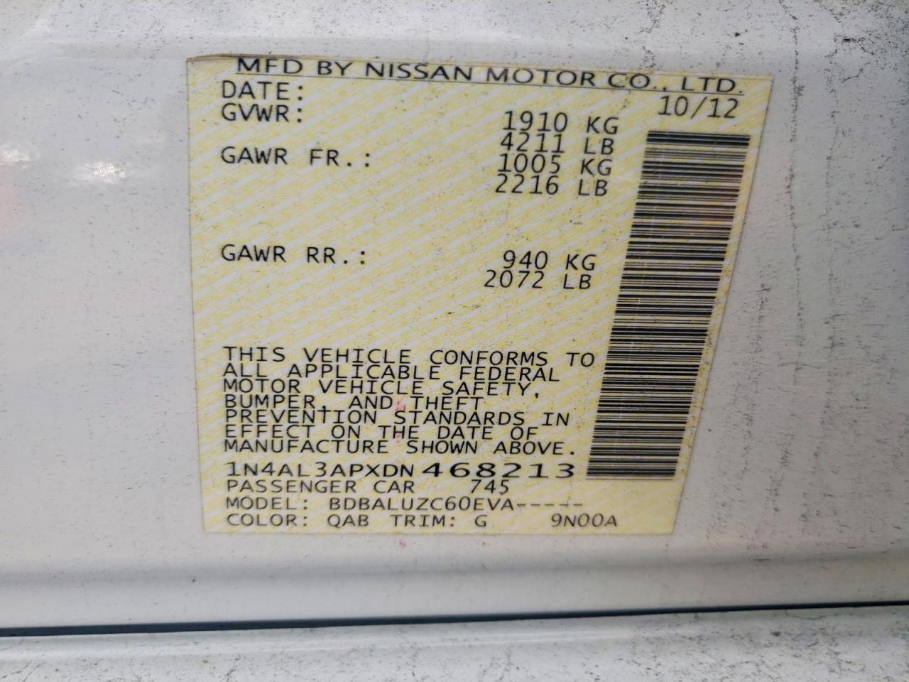 2013 Nissan Altima 2.5 White vin: 1N4AL3APXDN468213
