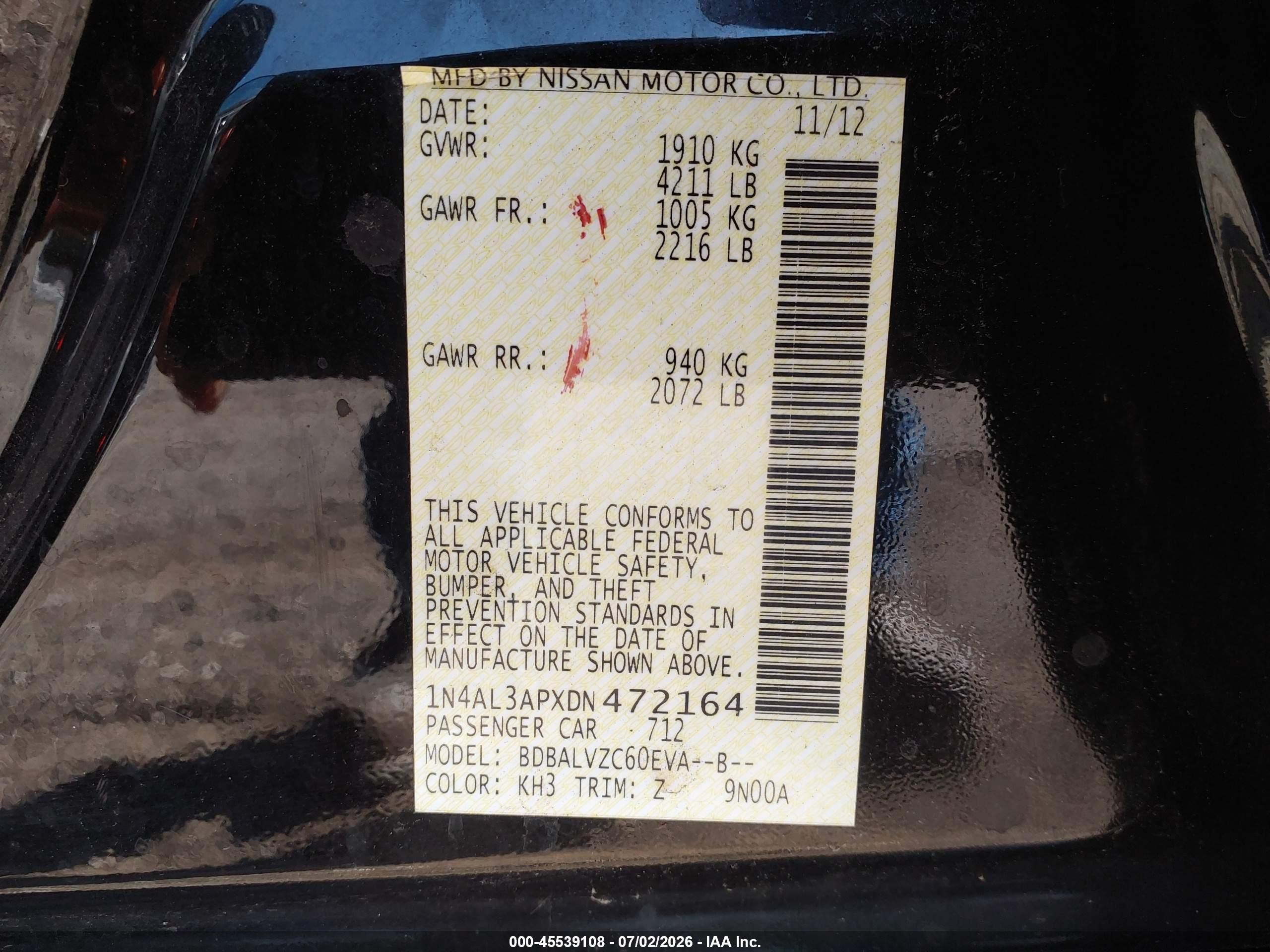 2013 Nissan Altima 2.5 Sl Black vin: 1N4AL3APXDN472164