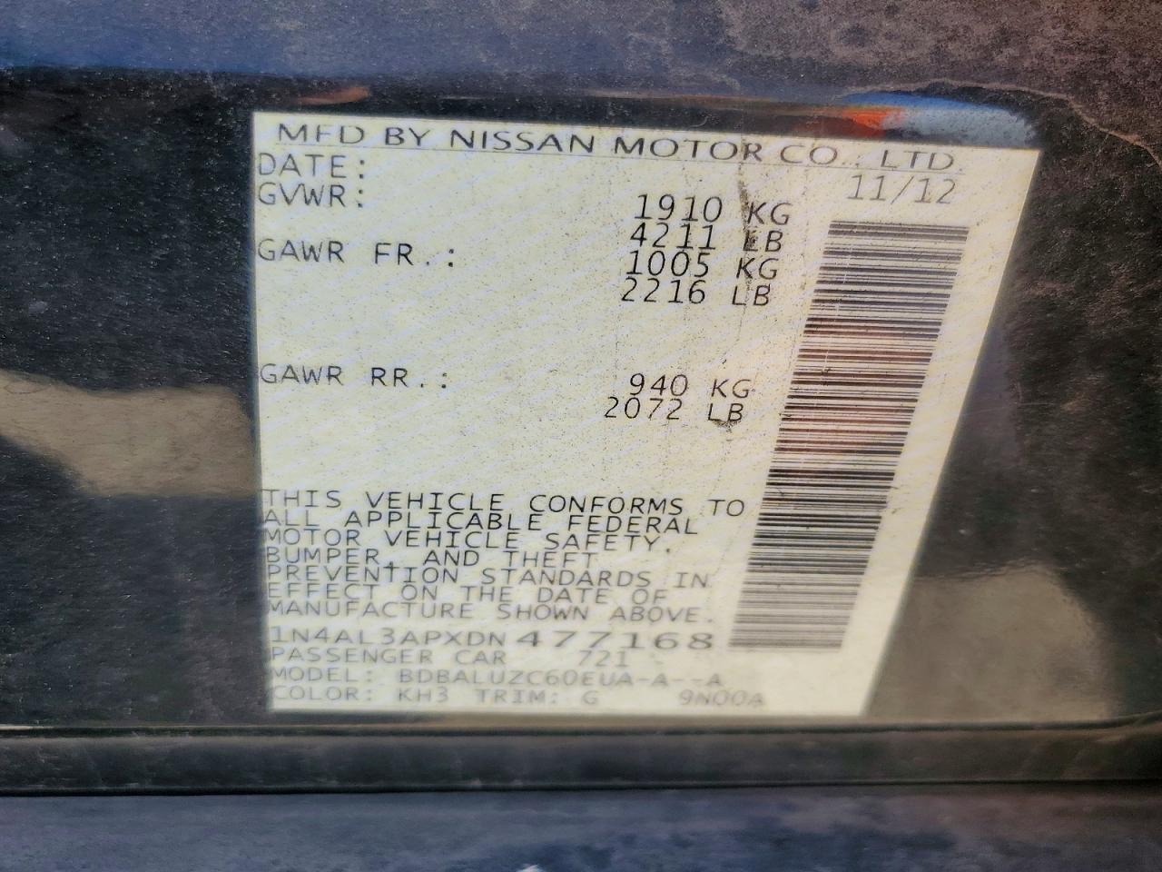 2013 Nissan Altima 2.5 Black vin: 1N4AL3APXDN477168