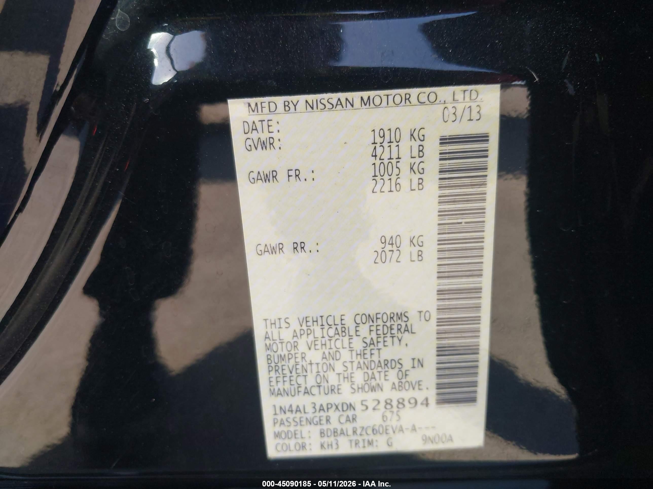 2013 Nissan Altima 2.5 S Black vin: 1N4AL3APXDN528894