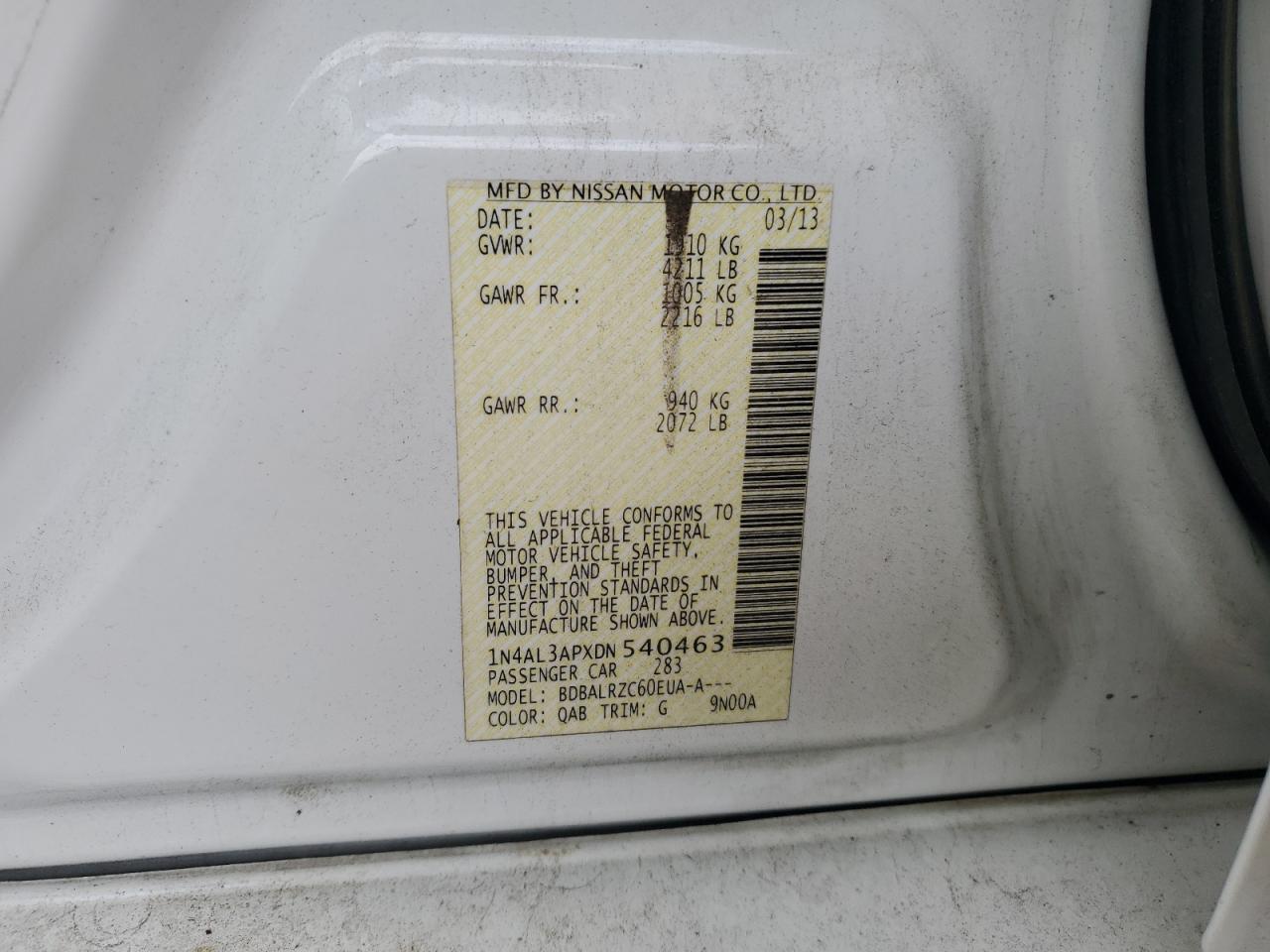 2013 Nissan Altima 2.5 White vin: 1N4AL3APXDN540463