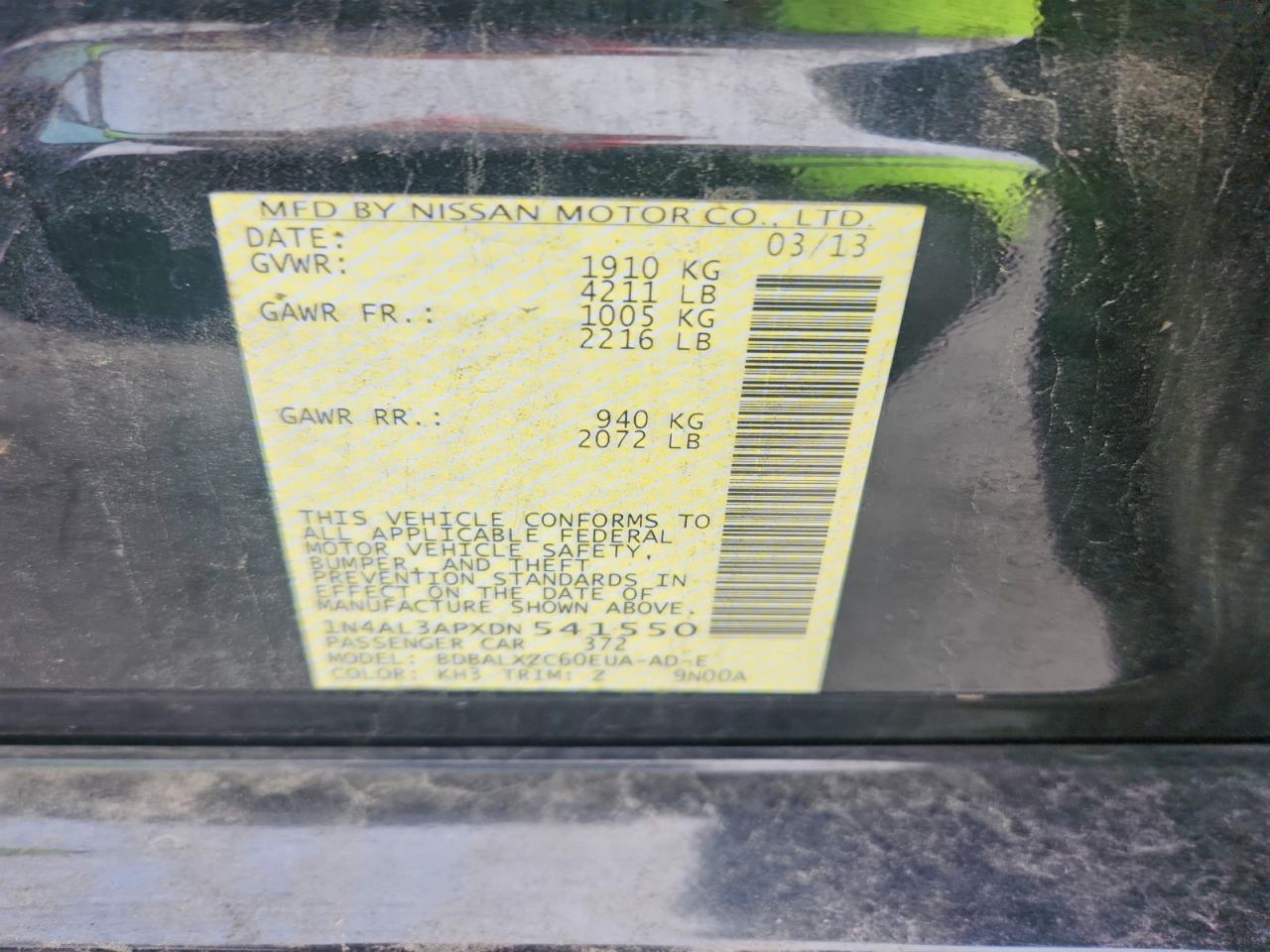 2013 Nissan Altima 2.5 Black vin: 1N4AL3APXDN541550