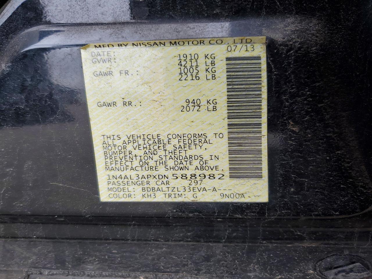 2013 Nissan Altima 2.5 Black vin: 1N4AL3APXDN588982