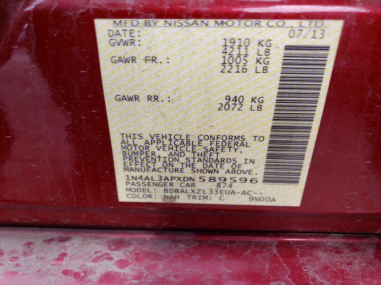 2013 Nissan Altima 2.5 Burgundy vin: 1N4AL3APXDN589596