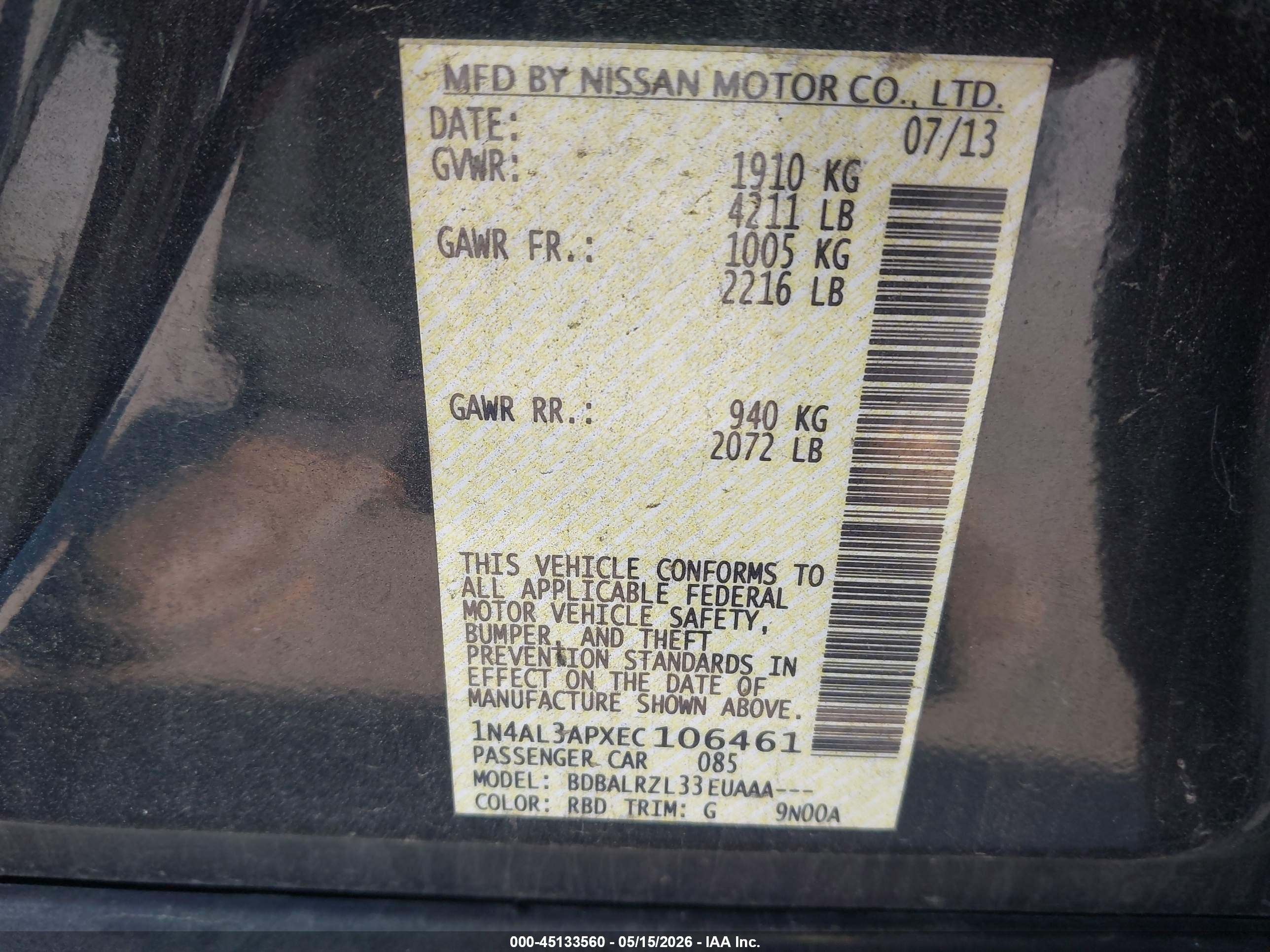 2014 Nissan Altima 2.5 S Black vin: 1N4AL3APXEC106461