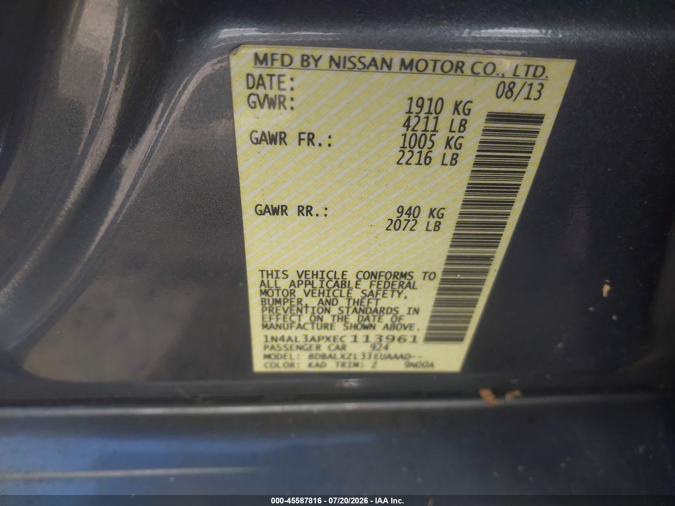 2014 Nissan Altima 2.5 Sl Gray vin: 1N4AL3APXEC113961
