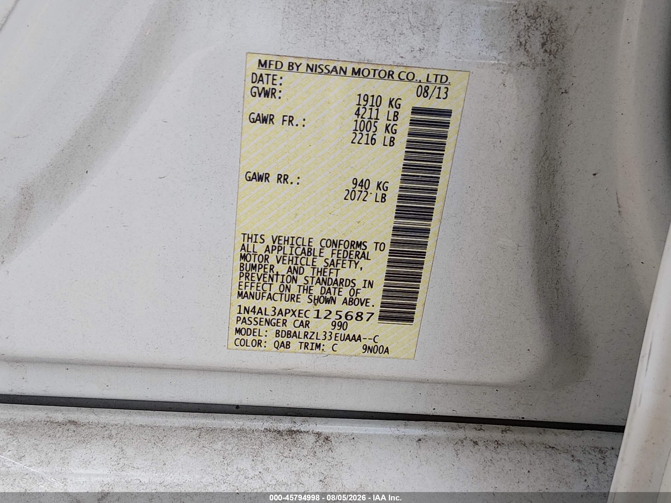 2014 Nissan Altima 2.5 S White vin: 1N4AL3APXEC125687