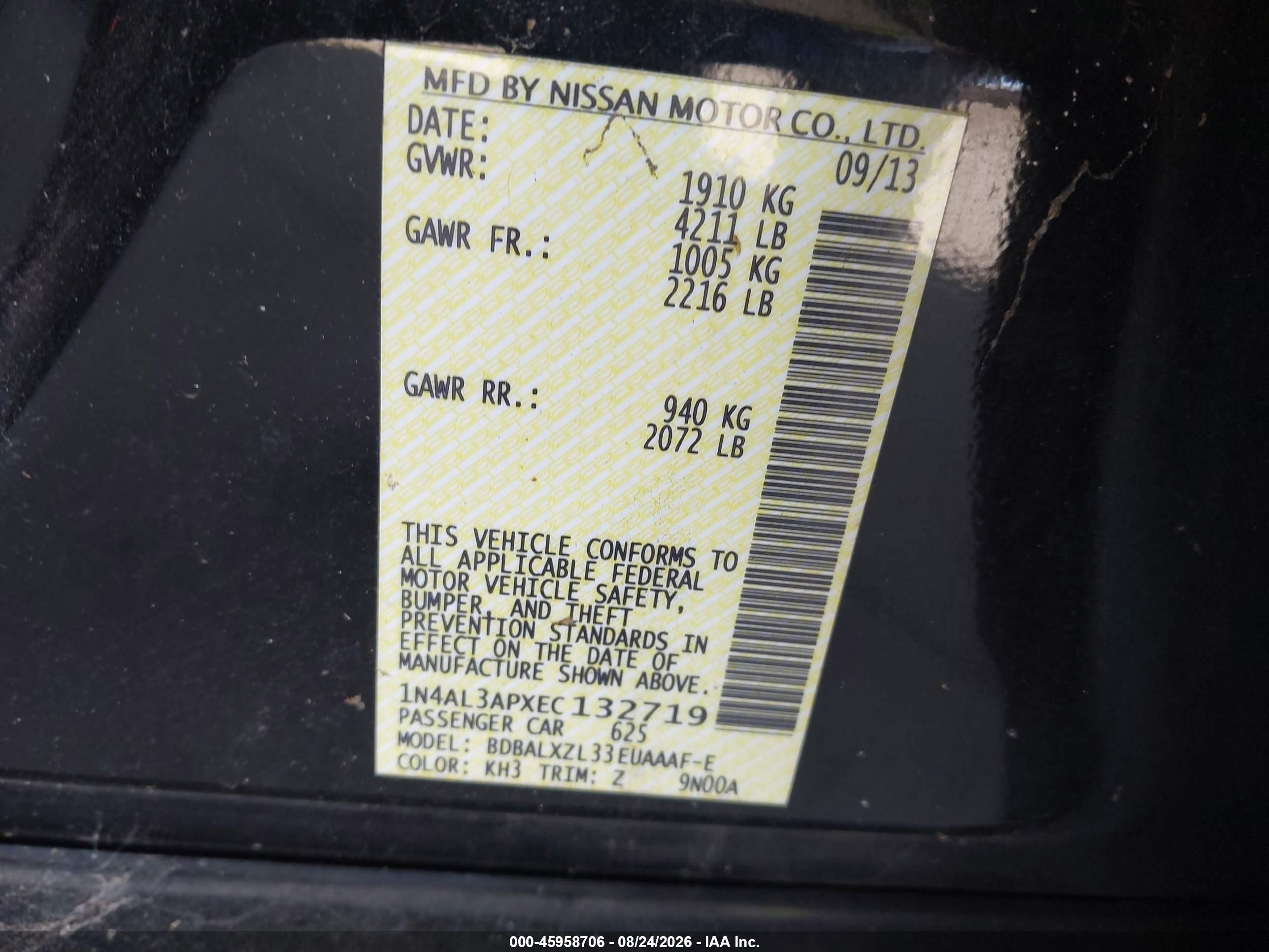 2014 Nissan Altima 2.5 Sl Черный vin: 1N4AL3APXEC132719