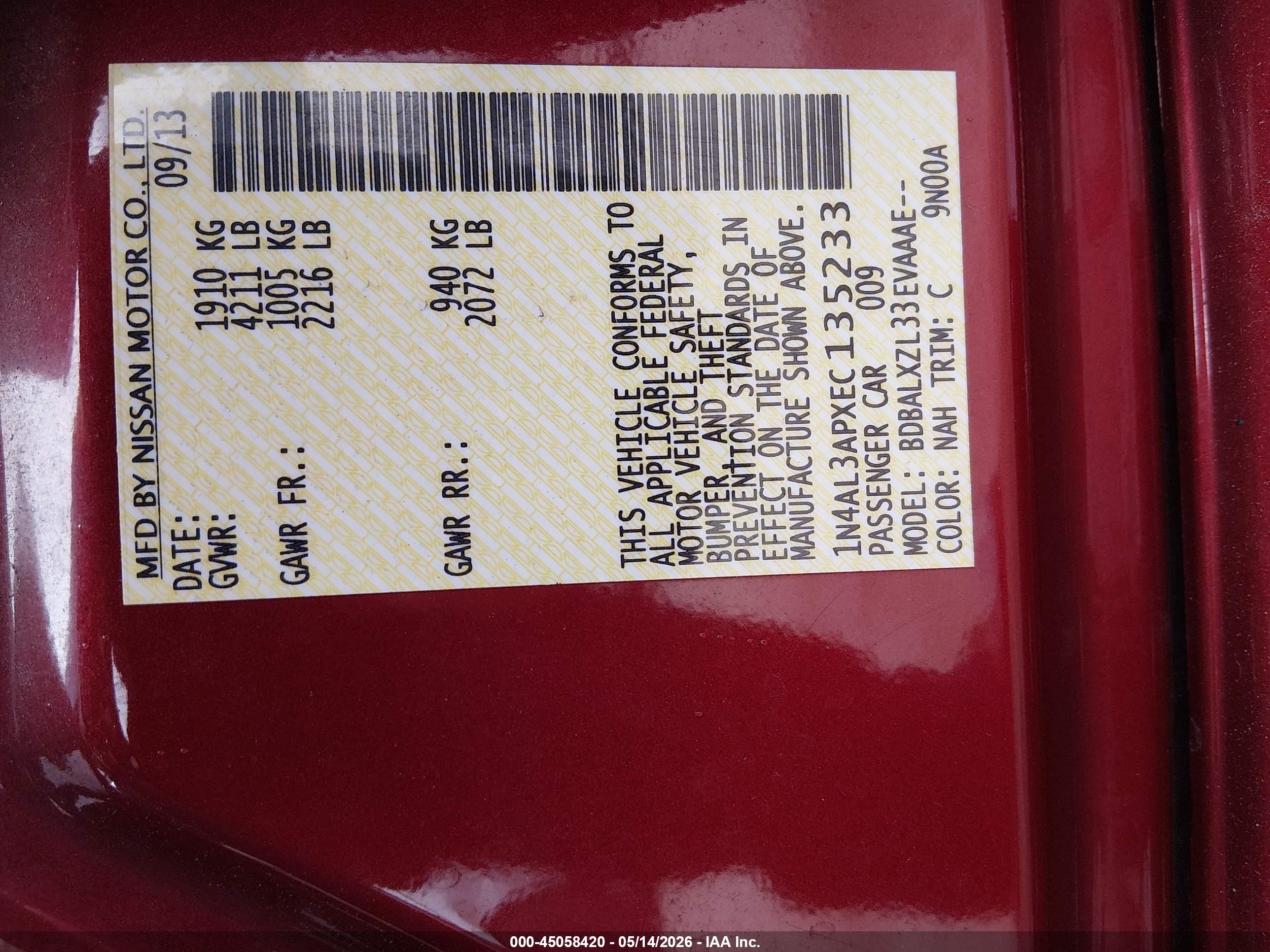 2014 Nissan Altima 2.5 Sl Burgundy vin: 1N4AL3APXEC135233