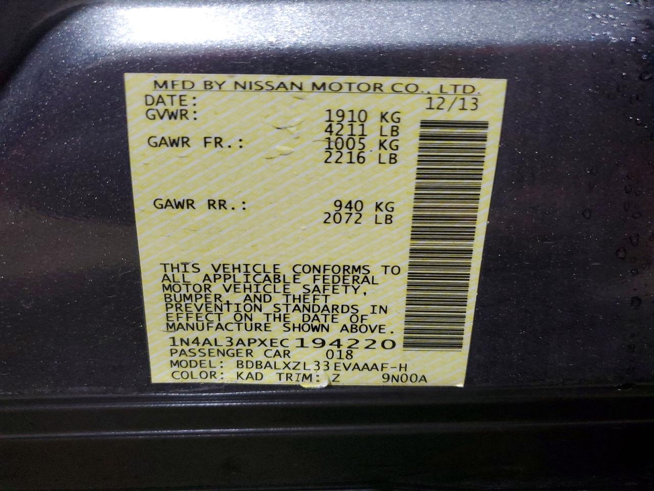 2014 Nissan Altima 2.5 Sl Gray vin: 1N4AL3APXEC194220