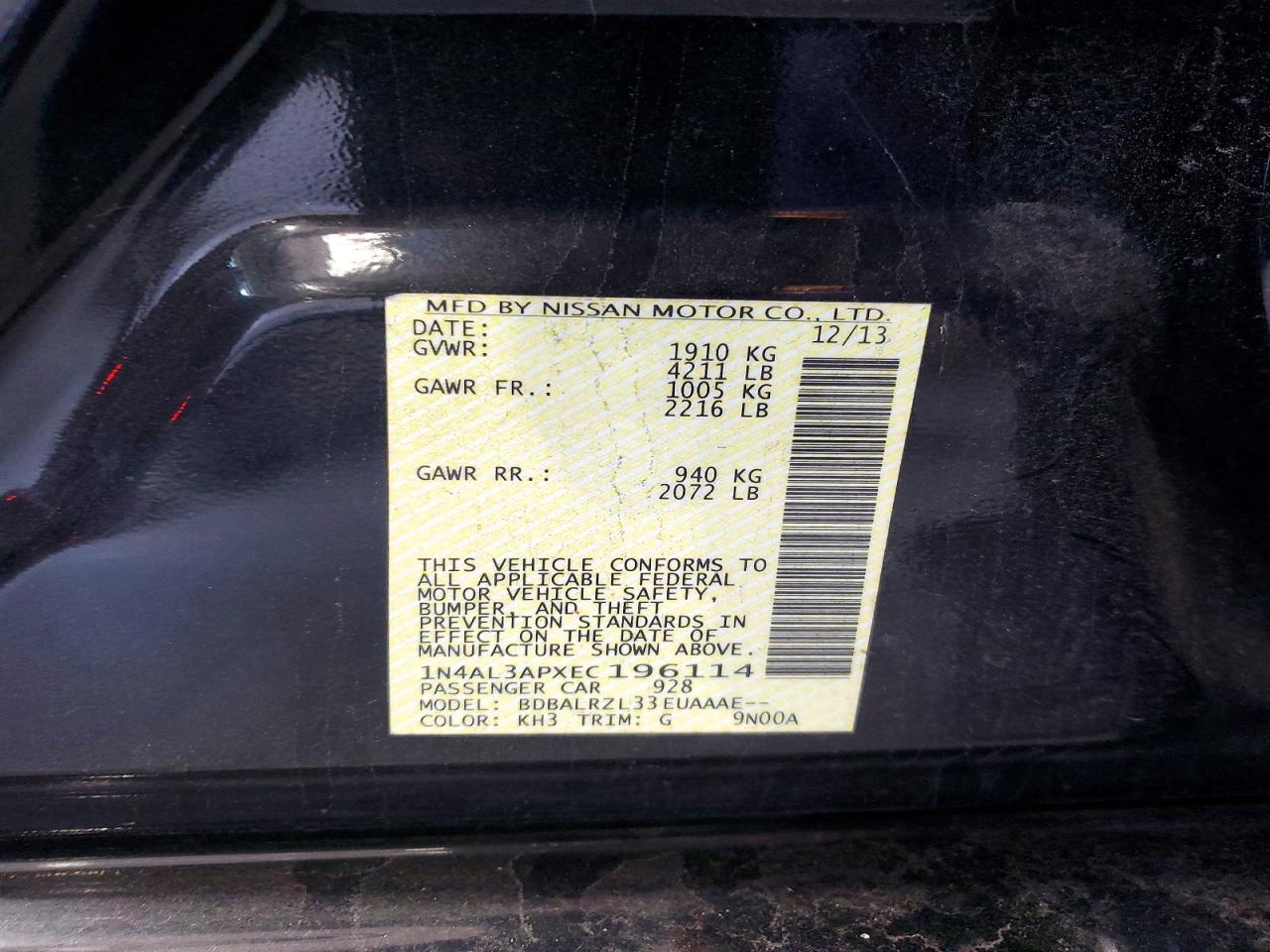 2014 Nissan Altima 2.5 S Black vin: 1N4AL3APXEC196114