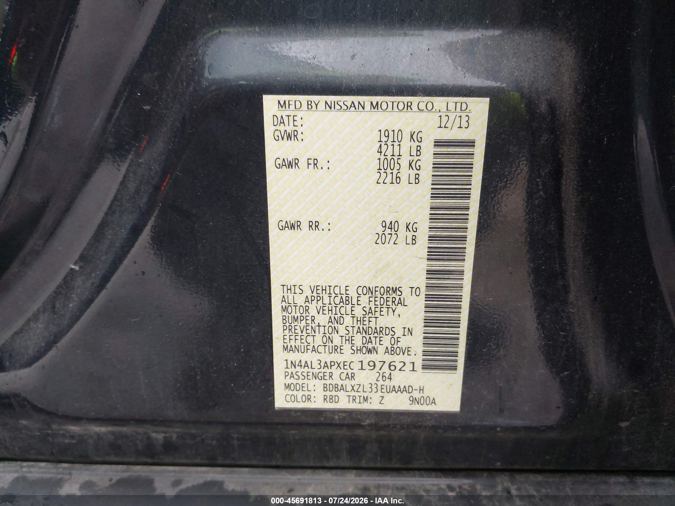 2014 Nissan Altima 2.5 Sl Blue vin: 1N4AL3APXEC197621