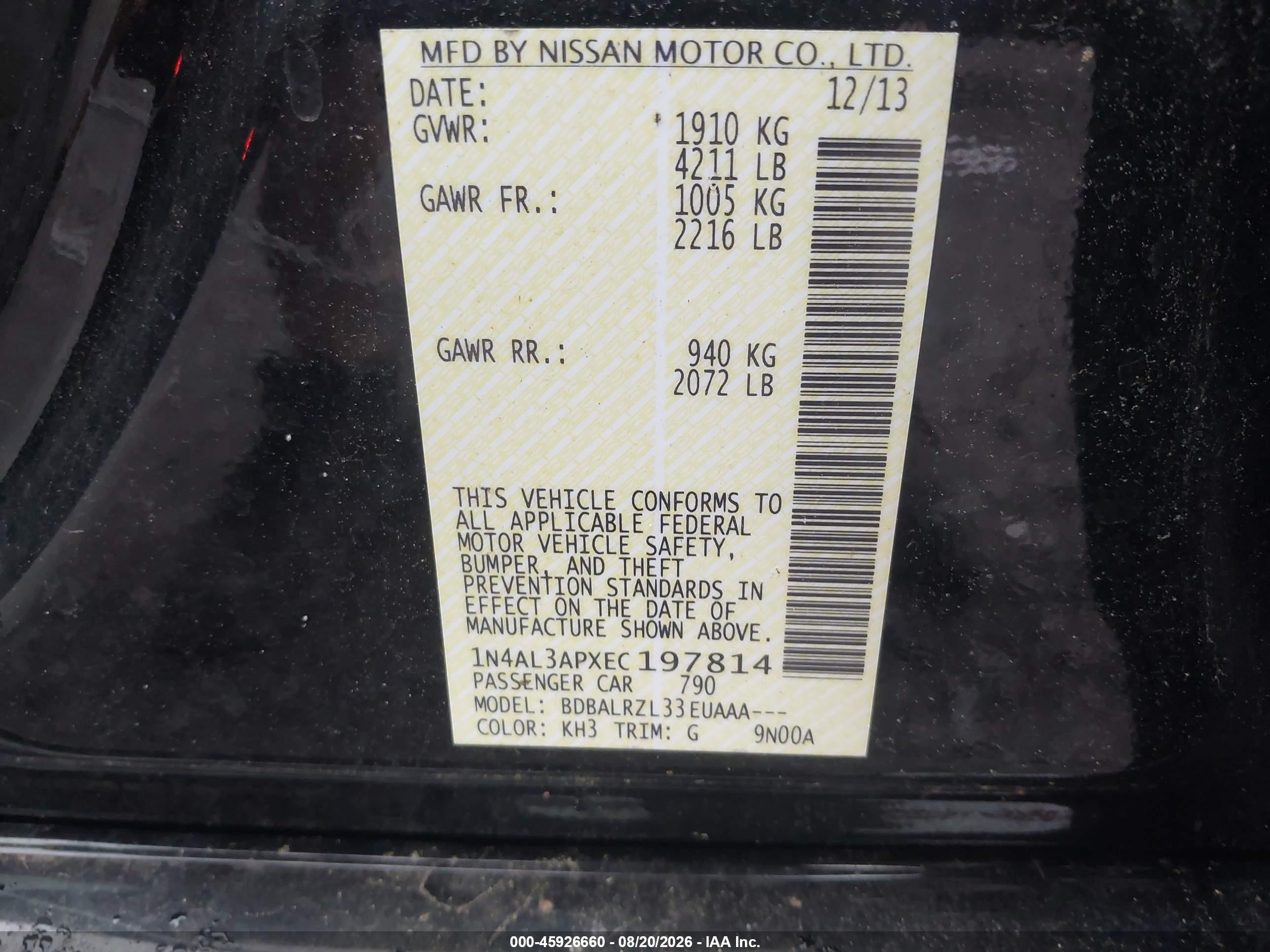 2014 Nissan Altima 2.5/2.5 S/2.5 Sl/2.5 Sv Black vin: 1N4AL3APXEC197814