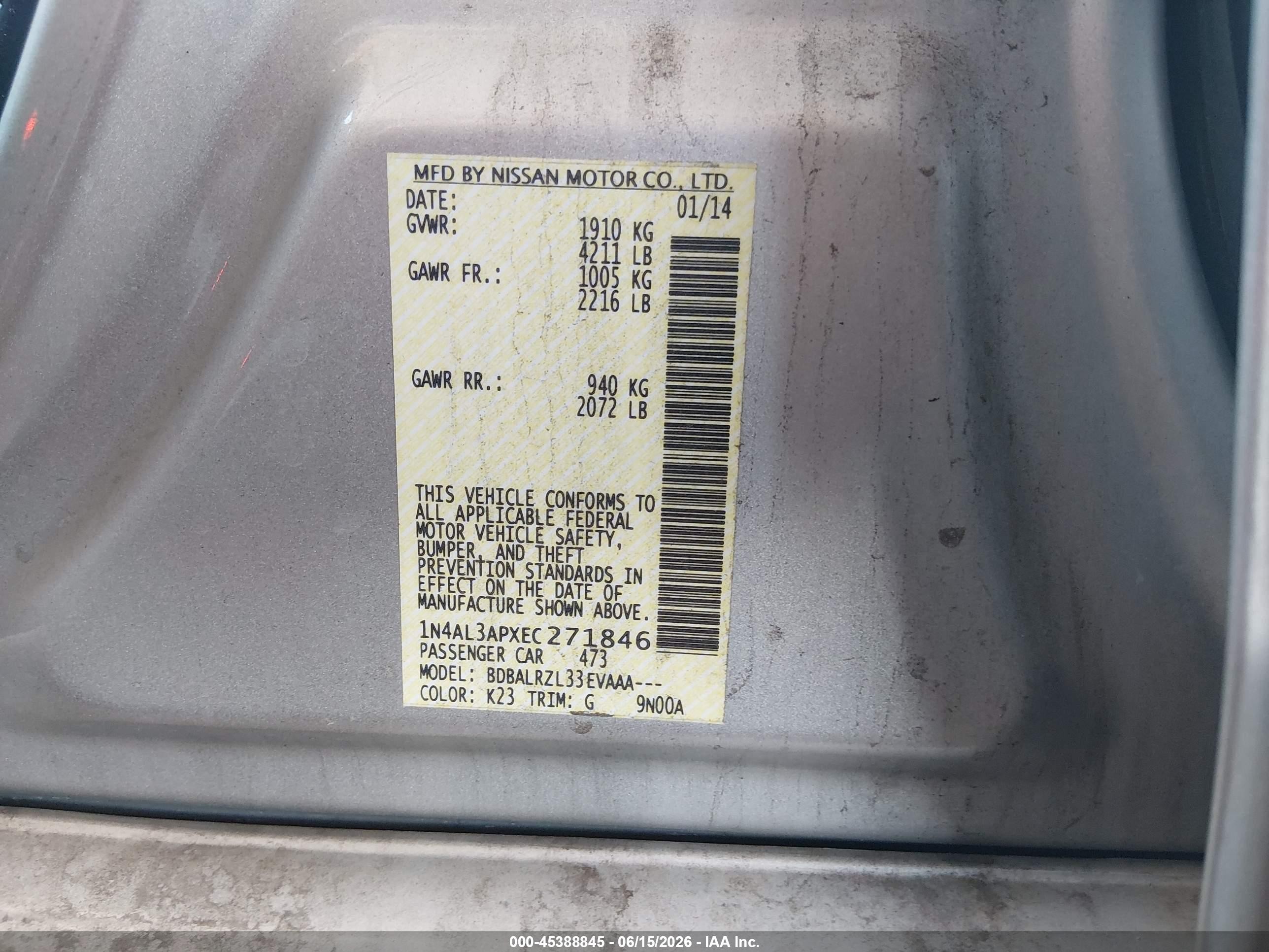 2014 Nissan Altima 2.5/2.5 S/2.5 Sl/2.5 Sv Silver vin: 1N4AL3APXEC271846
