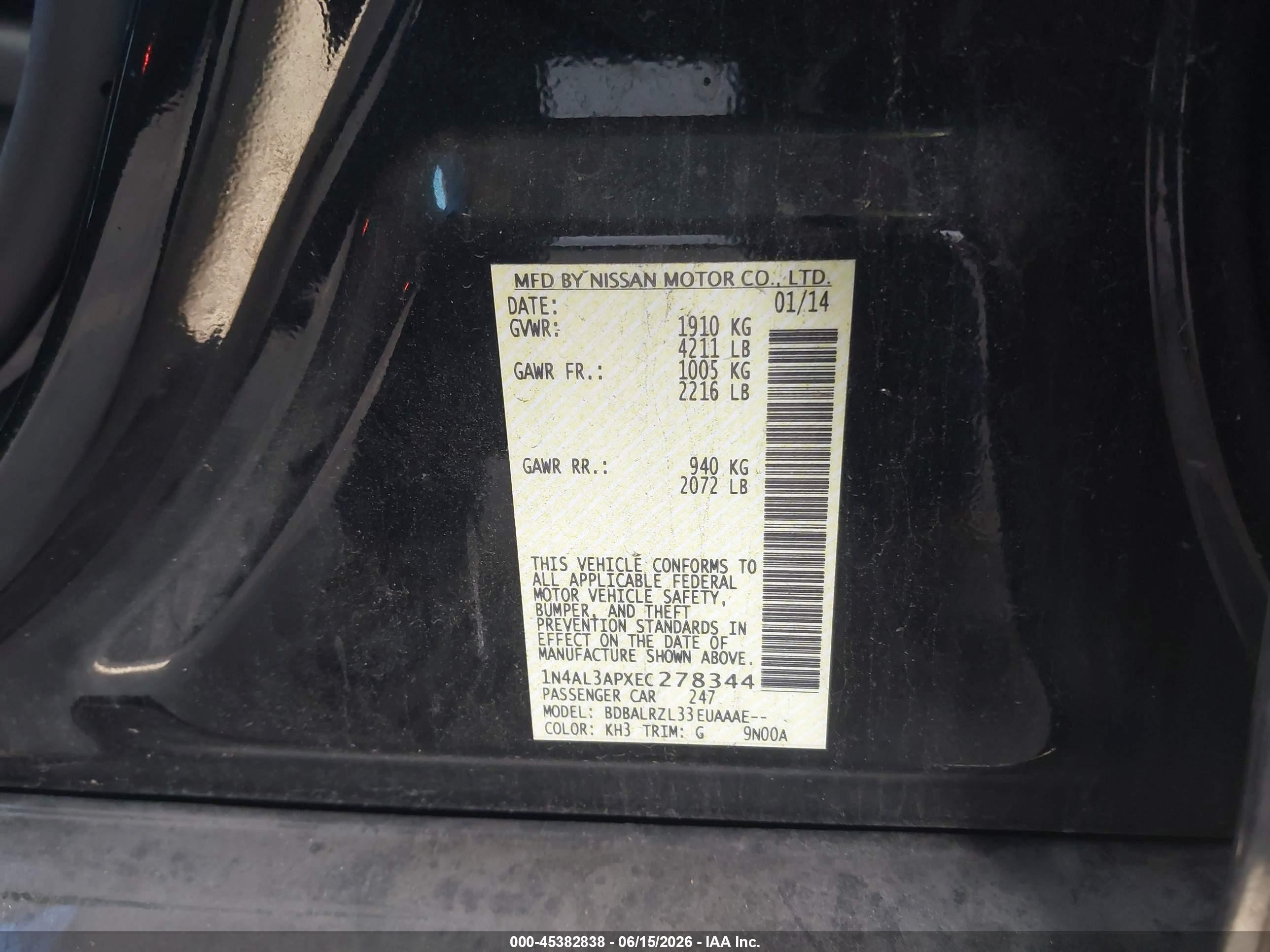 2014 Nissan Altima 2.5 S Black vin: 1N4AL3APXEC278344