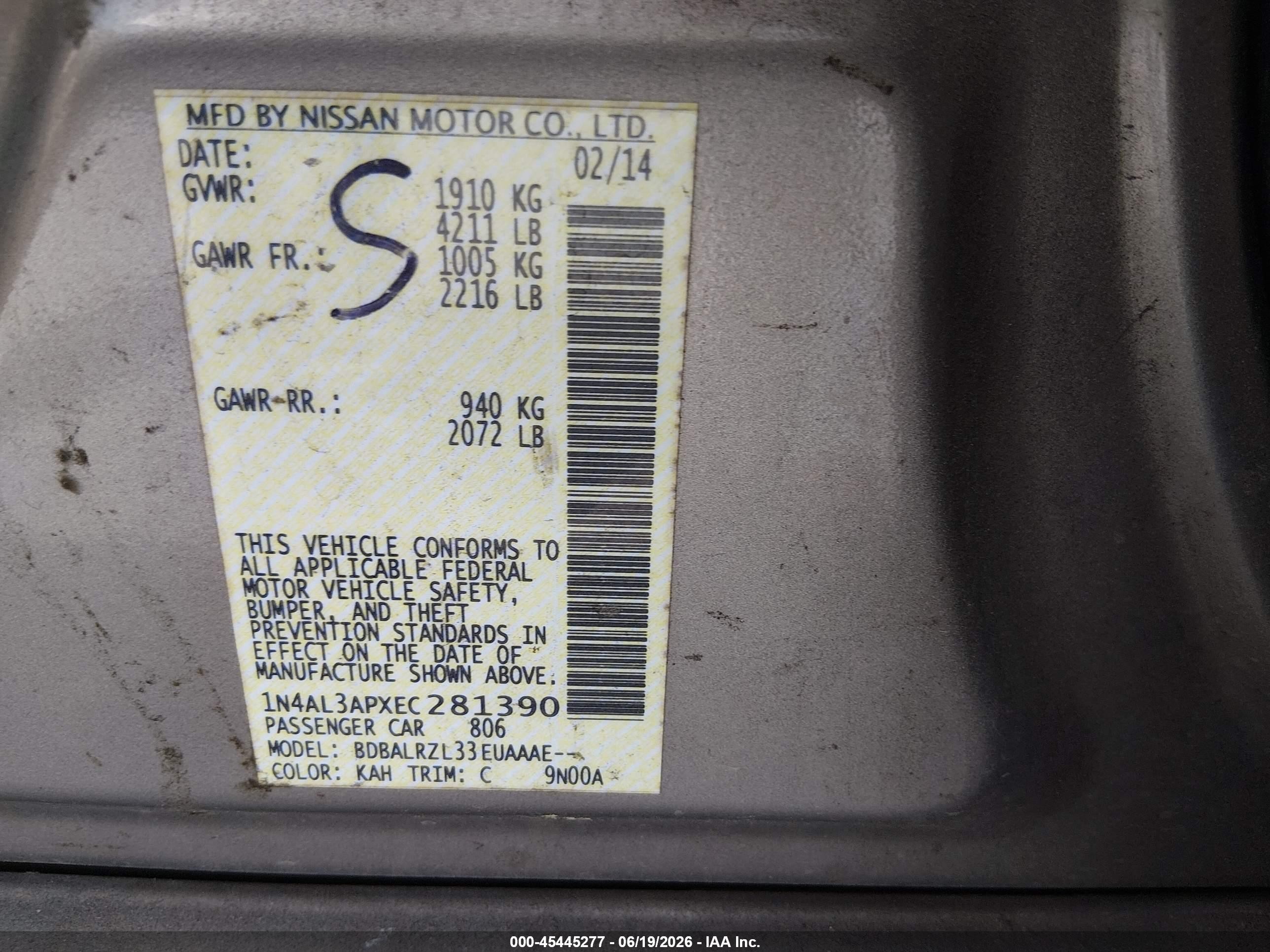 2014 Nissan Altima 2.5 S Tan vin: 1N4AL3APXEC281390