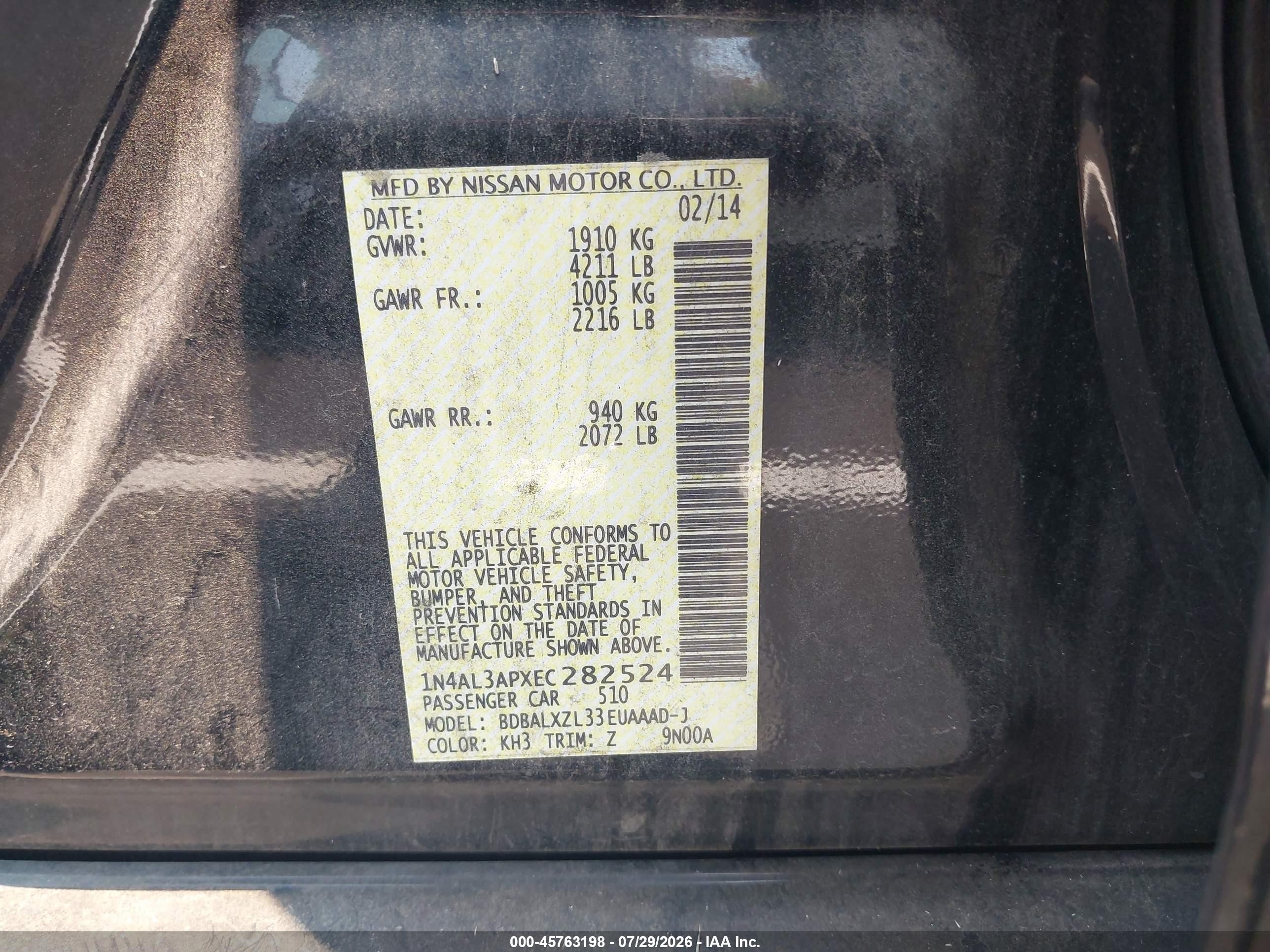 2014 Nissan Altima 2.5 Sl Black vin: 1N4AL3APXEC282524