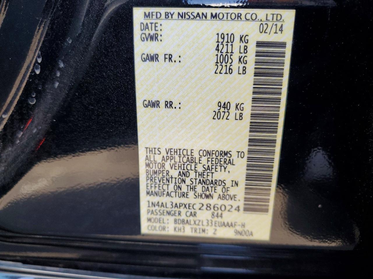 2014 Nissan Altima 2.5 Sl Black vin: 1N4AL3APXEC286024
