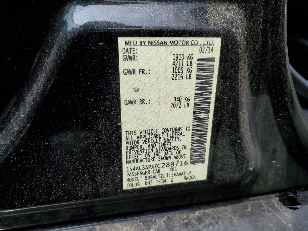 2014 Nissan Altima 2.5 Sv Black vin: 1N4AL3APXEC289716