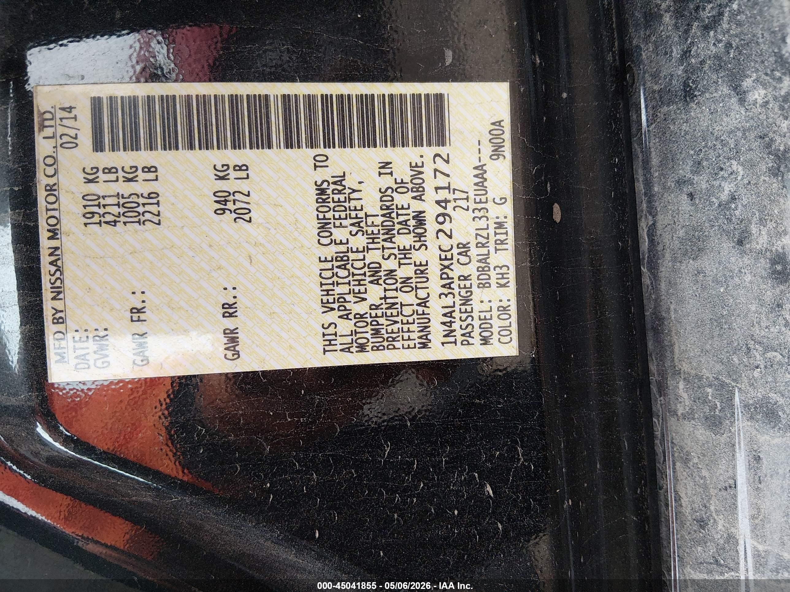 2014 Nissan Altima 2.5/2.5 S/2.5 Sl/2.5 Sv Черный vin: 1N4AL3APXEC294172